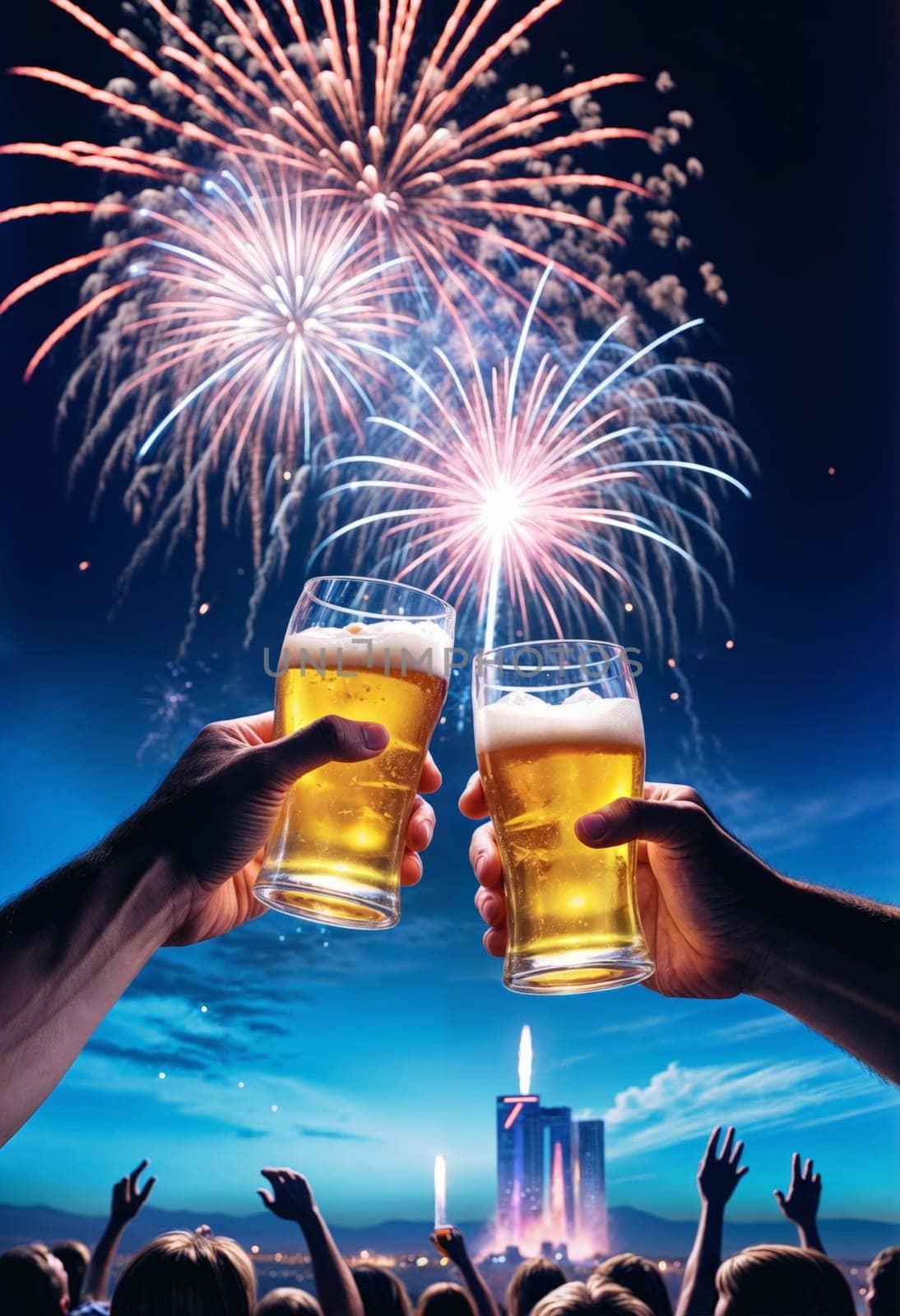 AI generated of two hands holding glasses of beer with fireworks in the background