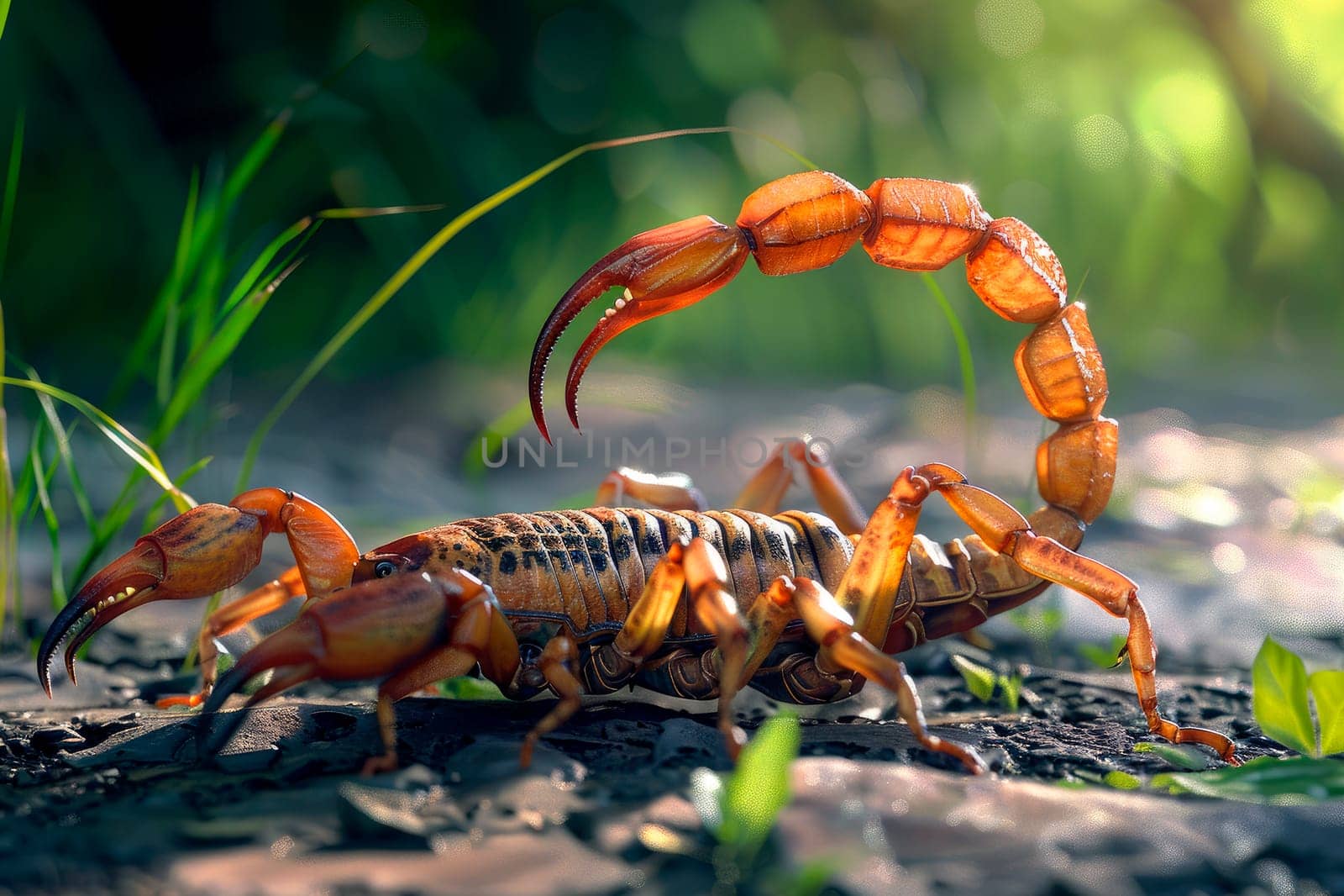Aggressive Scorpion in the forest, close up view. AI generated