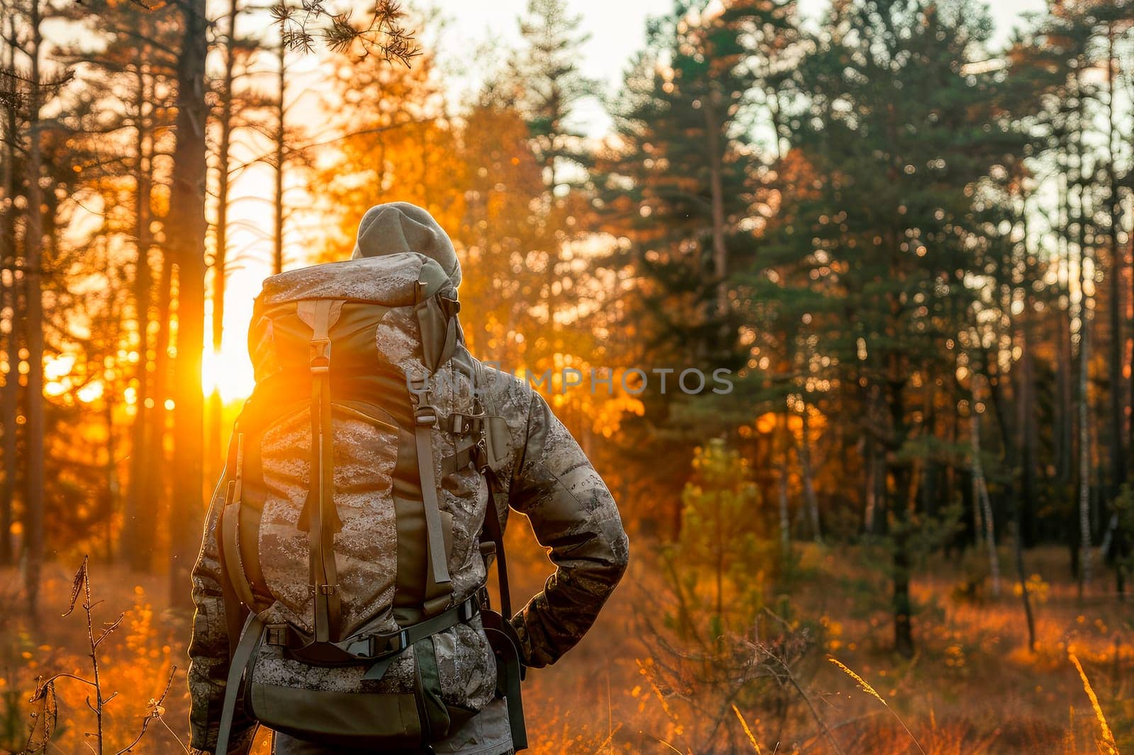 Traveler in autumn forest, view from the back. AI generated
