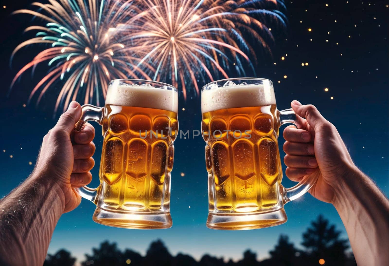 AI generated of two people toasting with beer glasses in front of a fireworks display