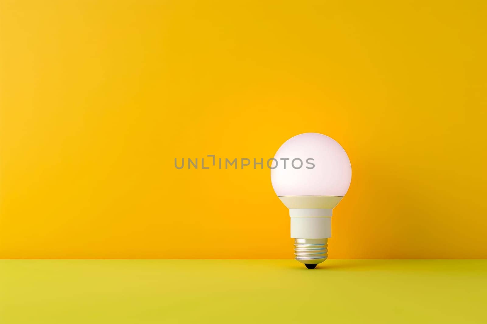 White LED light bulb on yellow background, copy space. Idea and innovation. AI generated