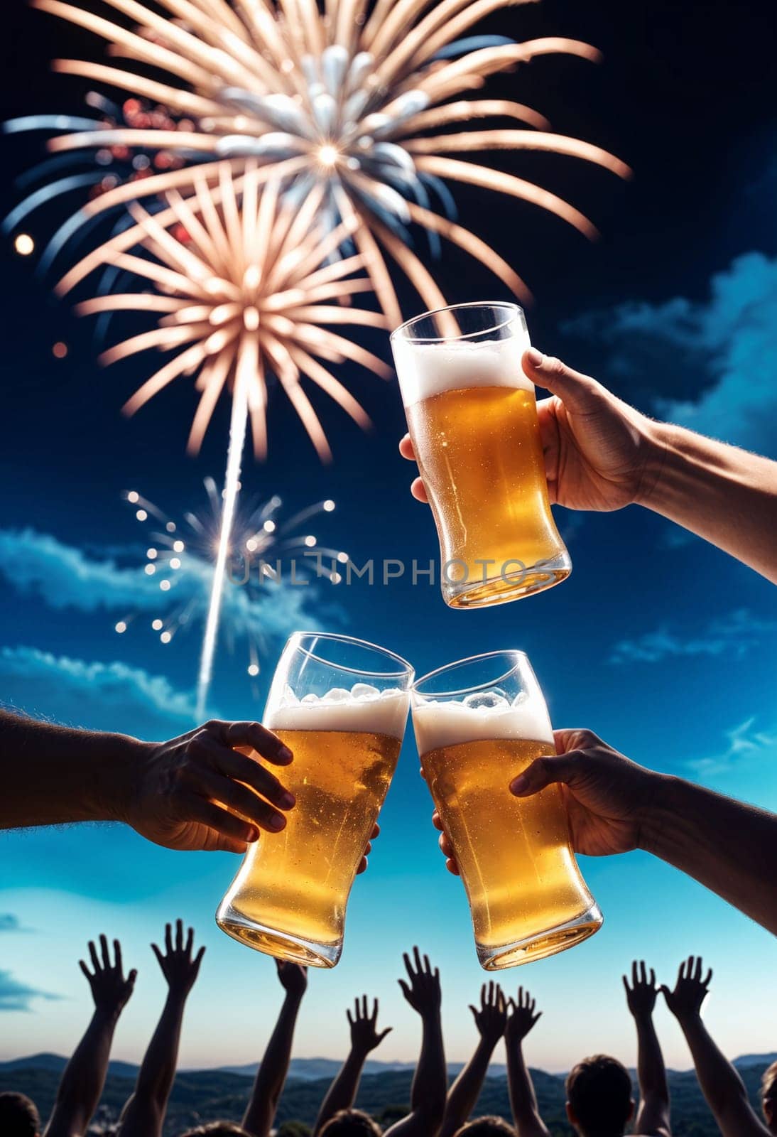 AI generated of hands clinking glasses of beer at a party