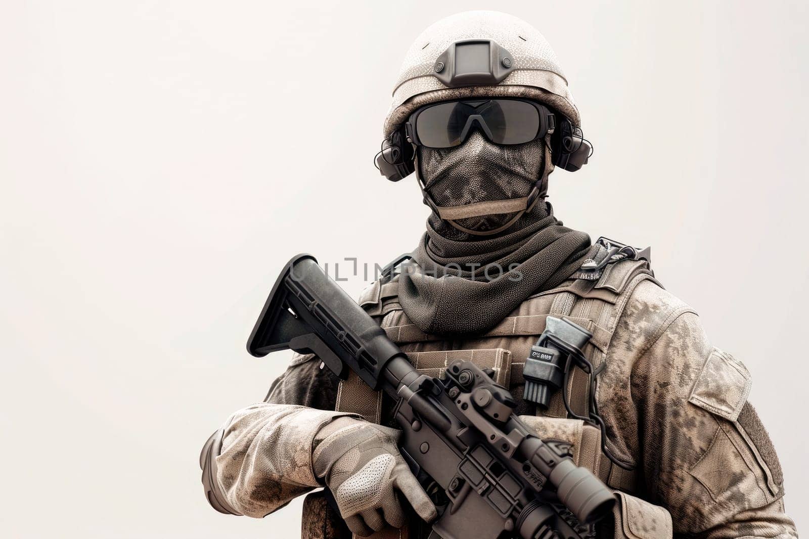 Masked soldier in tactical equipment and uniform. AI generated