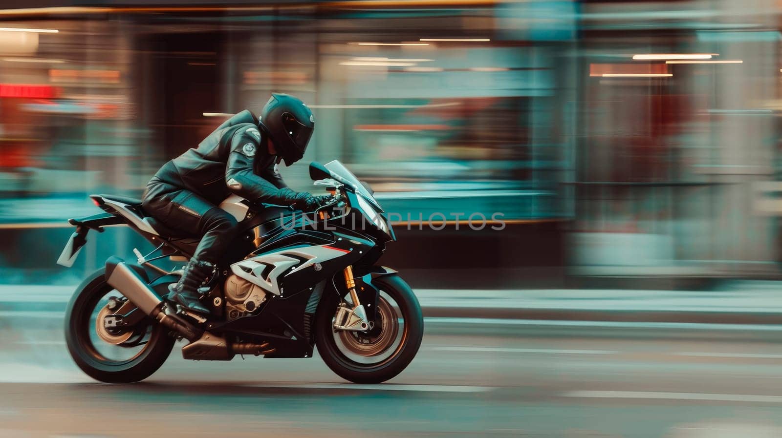 Biker with a motorcycle on a city street in motion blur. AI generated