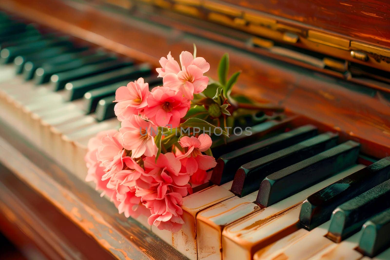 Beautiful bouquet of pink flowers on the old piano keys. AI generated