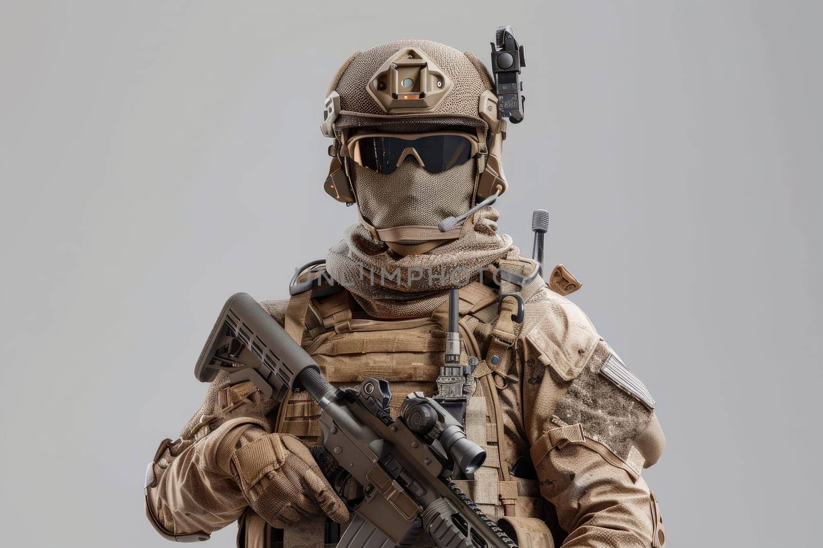 Portrait of a special forces soldier in tactical equipment and uniform. AI generated