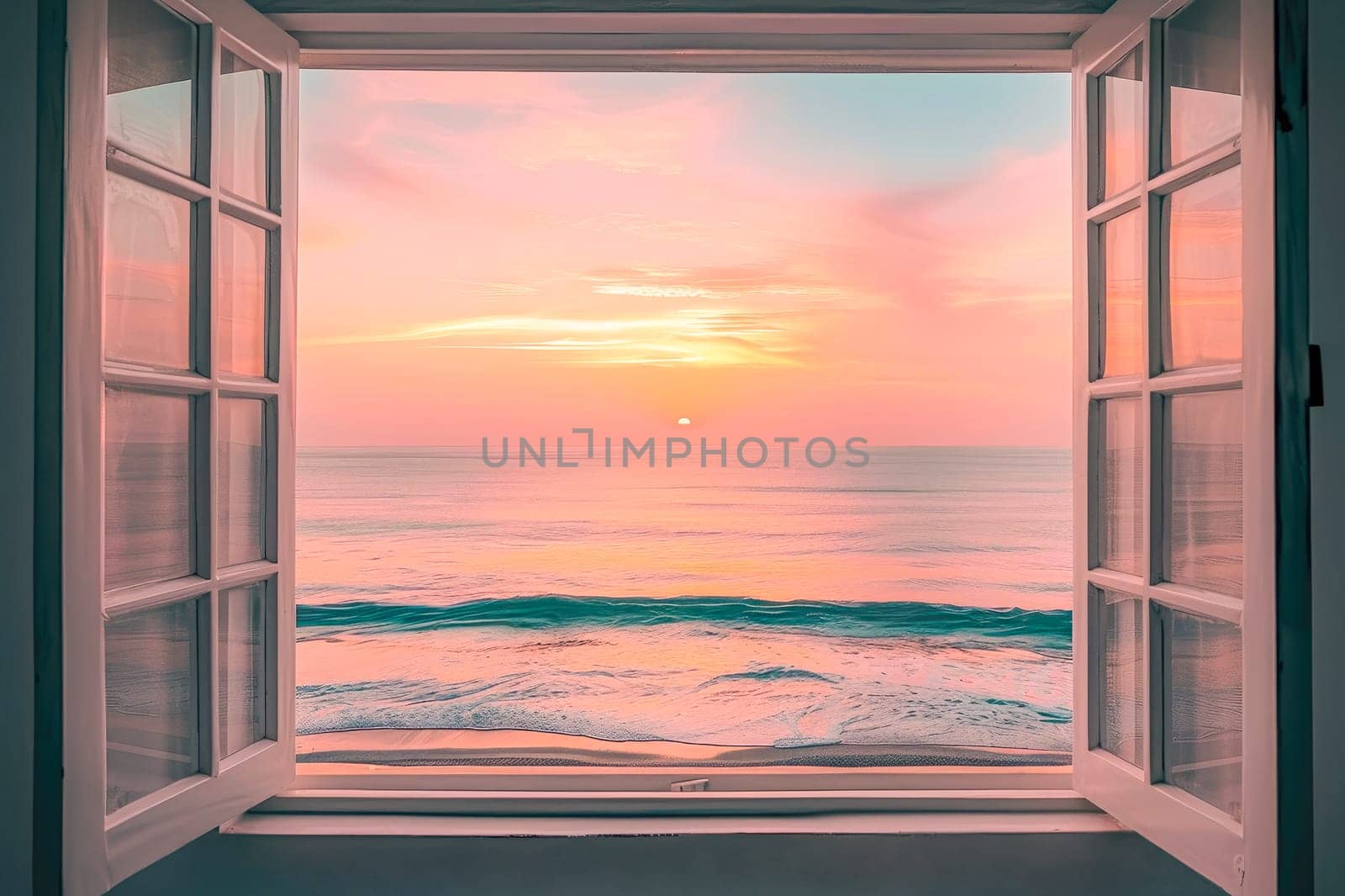 The beach on the sunset, the view from the window. AI generated