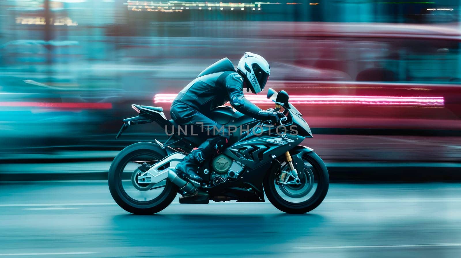 Motorcyclist riding fast on modern sport motorbike at city street. Concept of freedom and adventure. AI generated