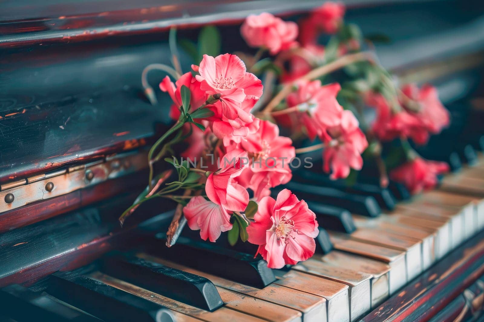 Beautiful pink flowers on the vintage piano keys. AI generated