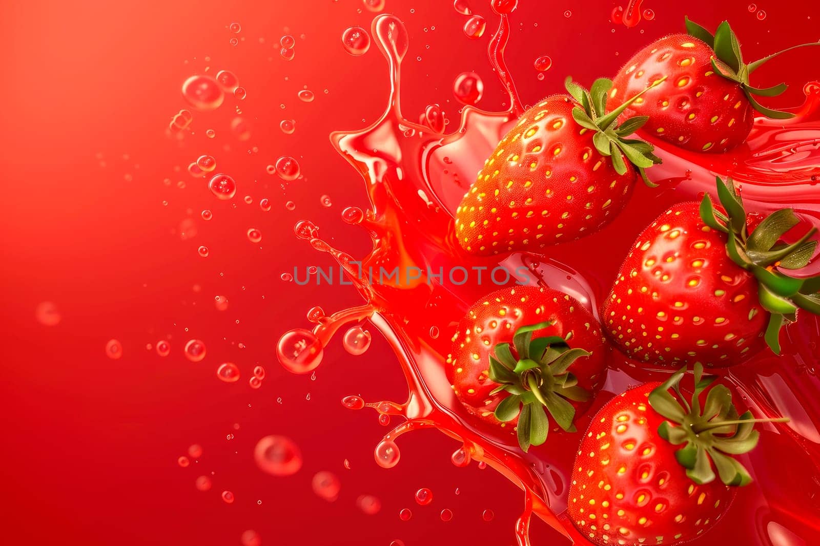 Fresh strawberries in splashes of red juice on a red background. Close-up view. AI generated