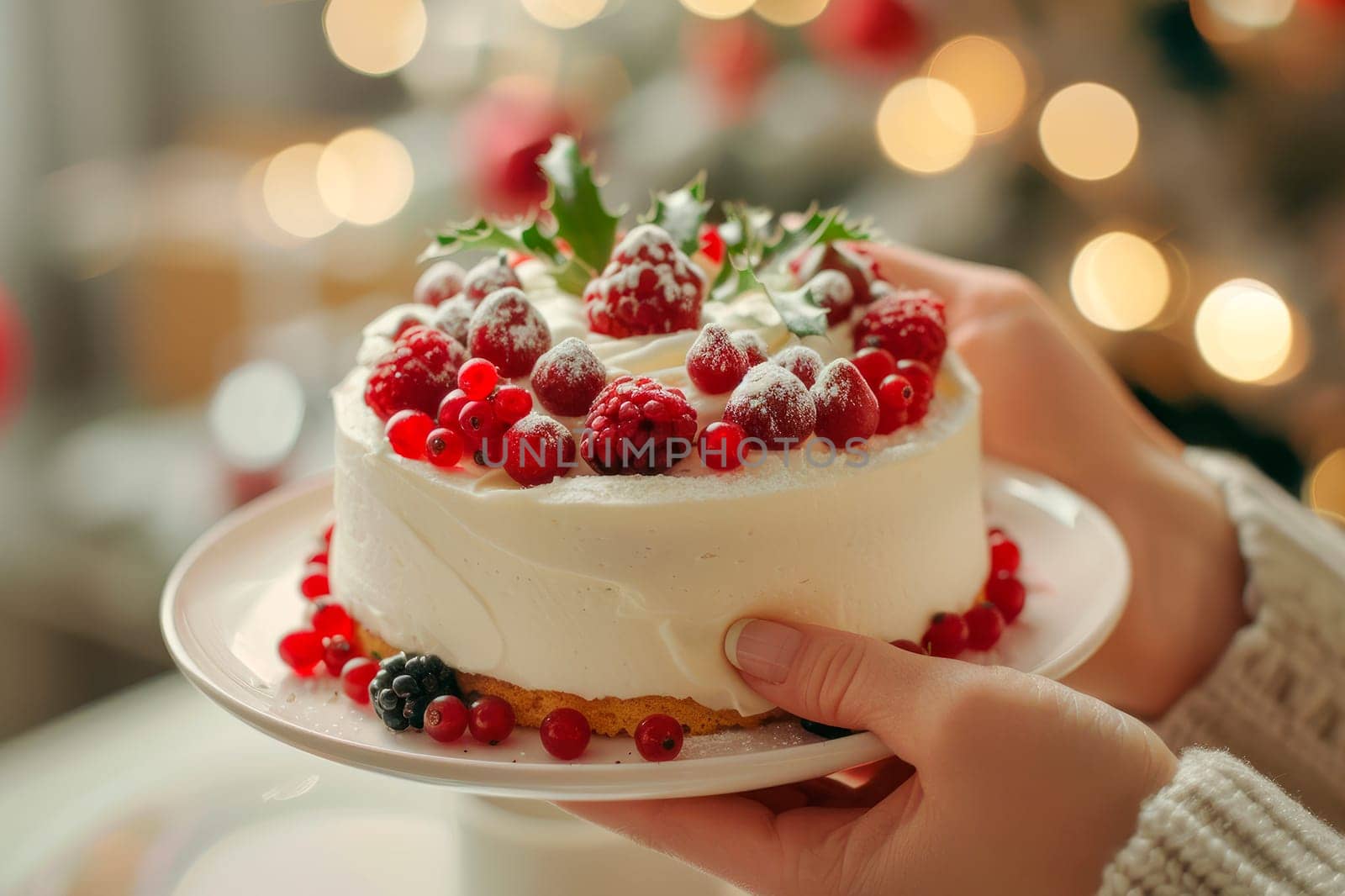 Woman holding homemade Christmas cake. Celebrates holiday at home. AI generated