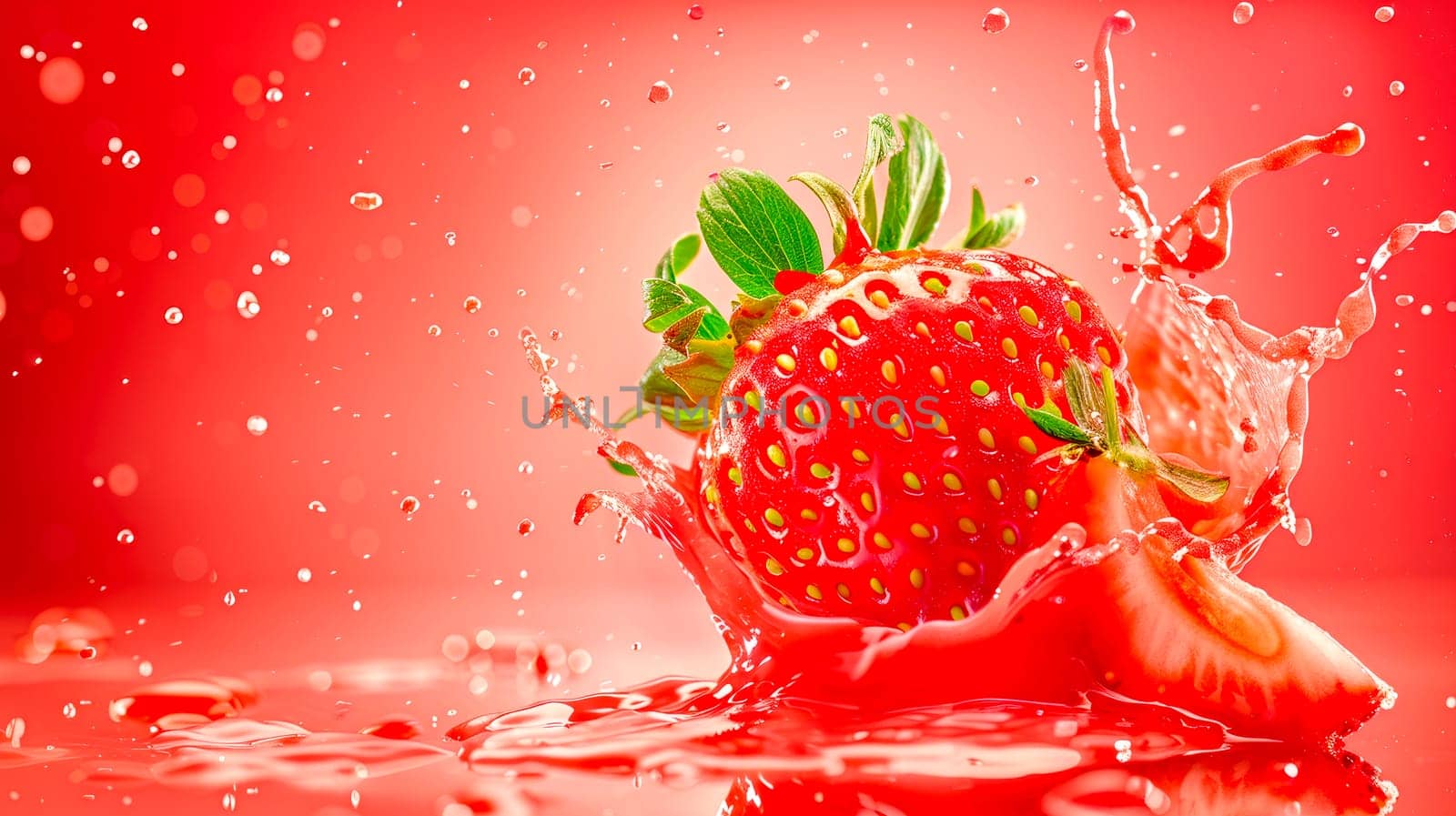 Fresh strawberries in splashes of red juice on a red background. Close-up view. AI generated