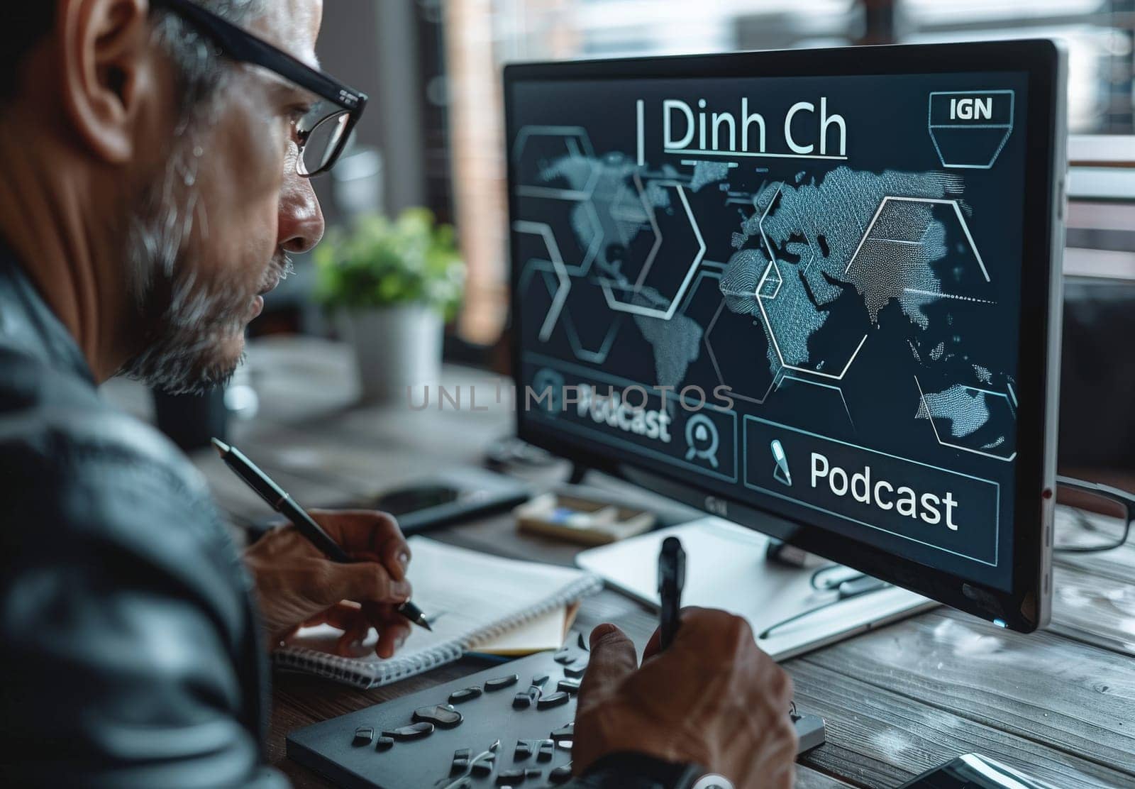 A person edits a podcast on a computer screen with a world map, microphones, and notes in the foreground