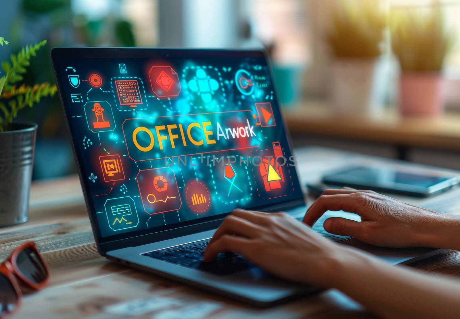 A user interacts with a laptop displaying vibrant office and work-related graphics, indicating productivity and technology use