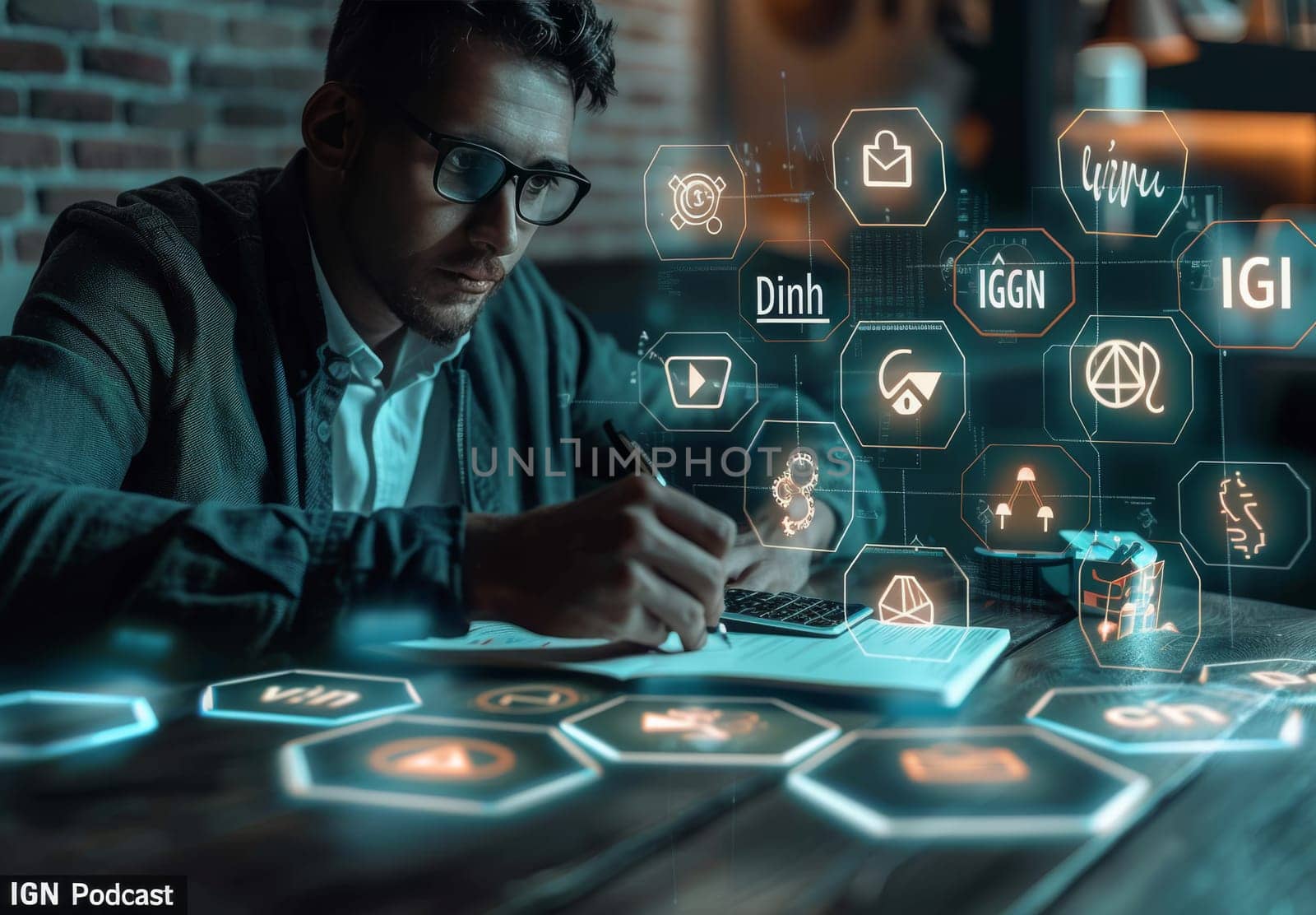 A man is seen working and interacting with a futuristic holographic interface, with various icons and elements suggesting advanced technology
