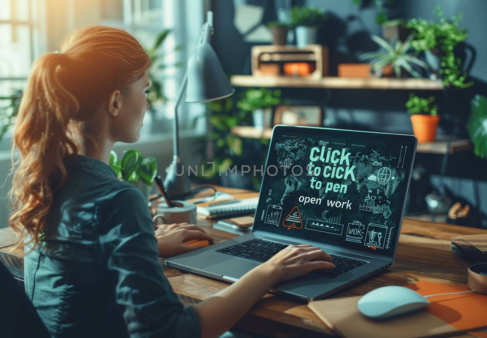 A female professional works on her laptop, which displays vibrant overlay graphics about digital work and creativity