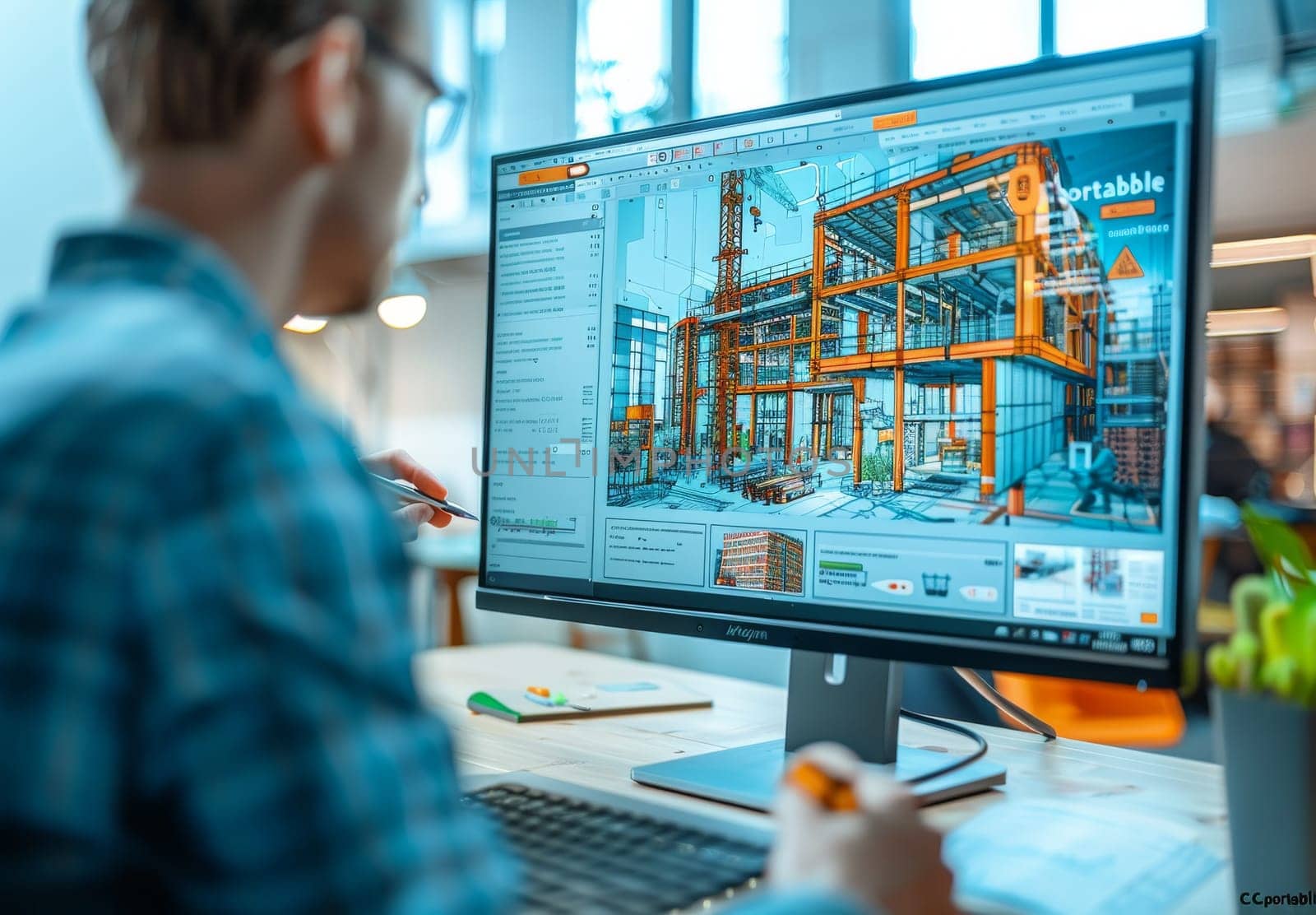 An individual is seen working on a construction project design using specialized computer software in an office setting