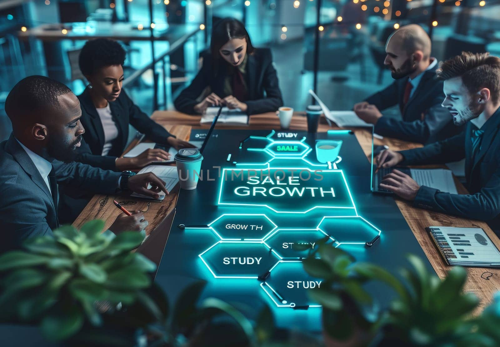 Business professionals gathered around a table with holographic growth charts and analysis tools
