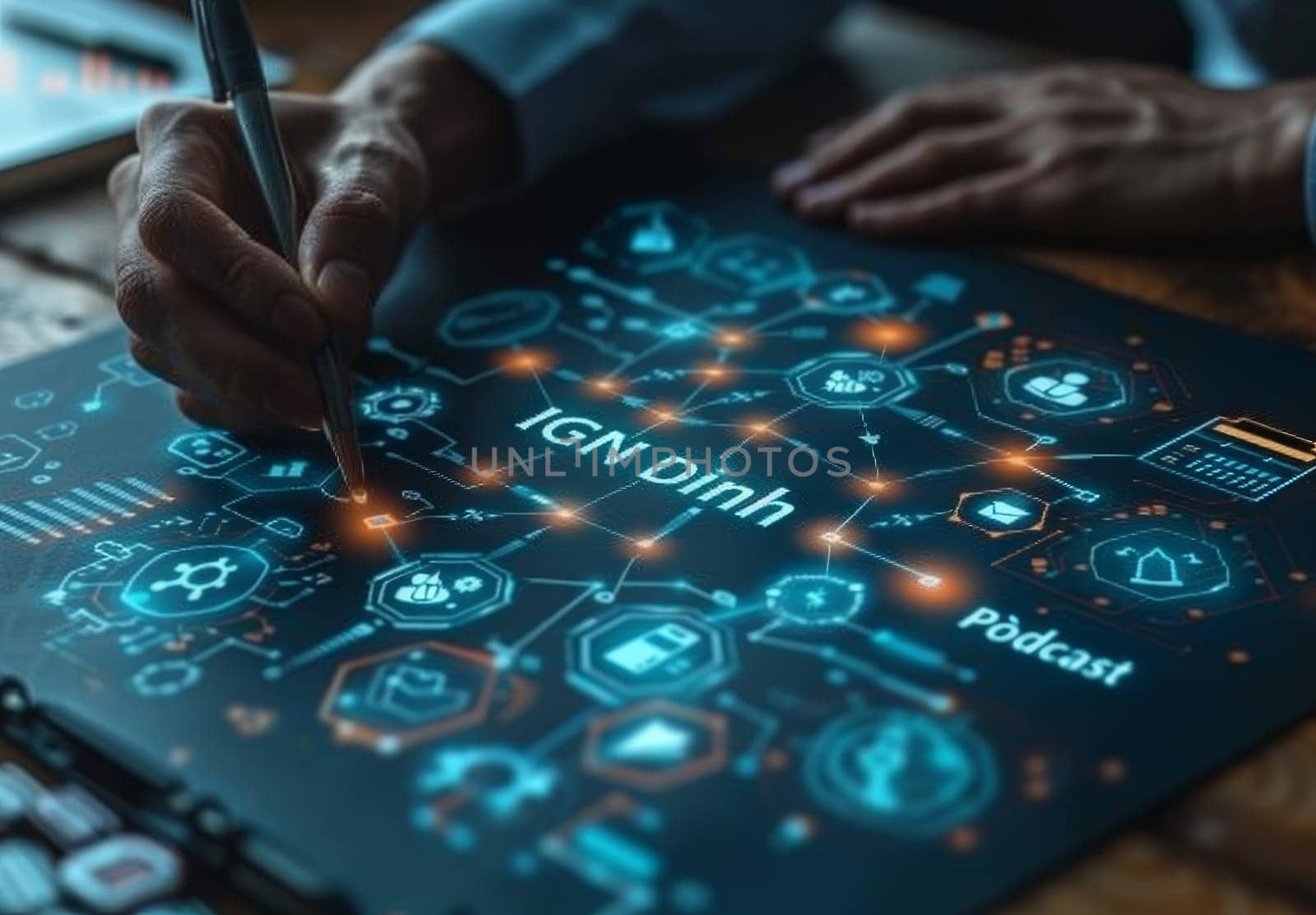 An individual interacts with a high-tech holographic display showing various digital icons and networks