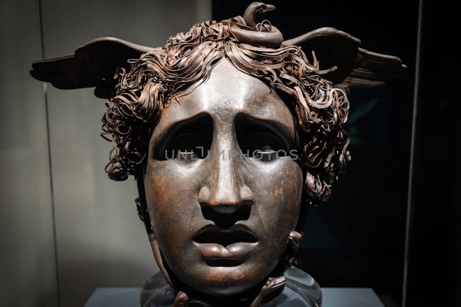 Bassano del Grappa, Italy - 22 December 2022. Head of Medusa, by sculptor Antonio Canova, 1799, bronze and copper
