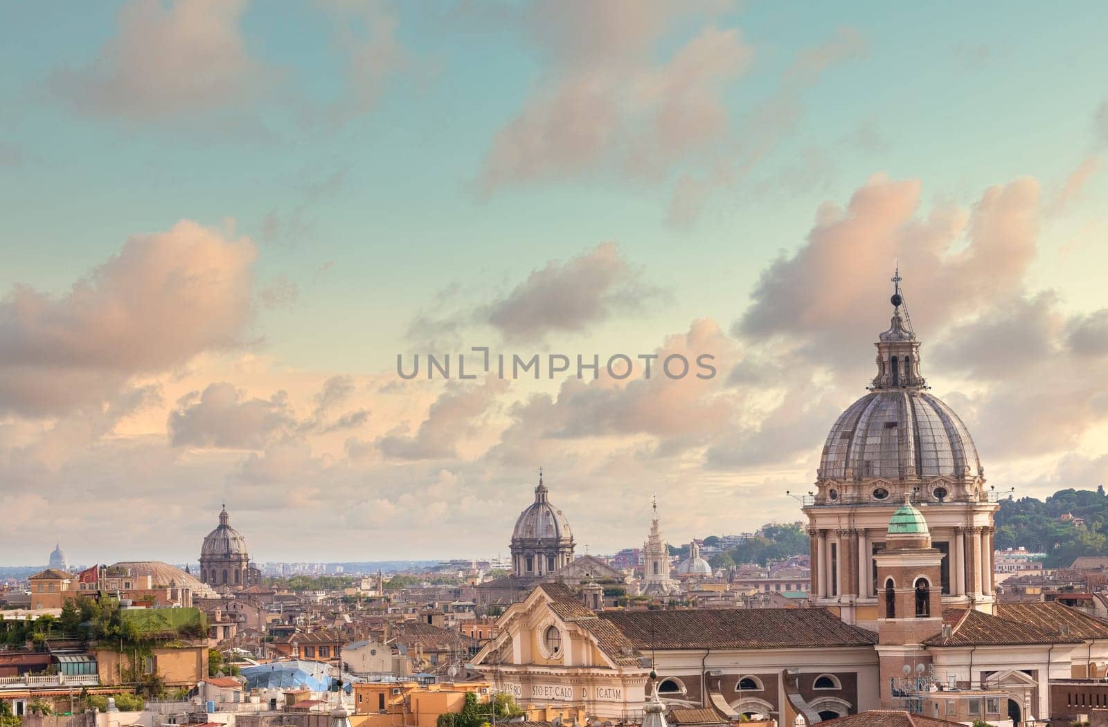 Rome, Italy. Urban landscape, blue sky with clouds, church exterior architecture.