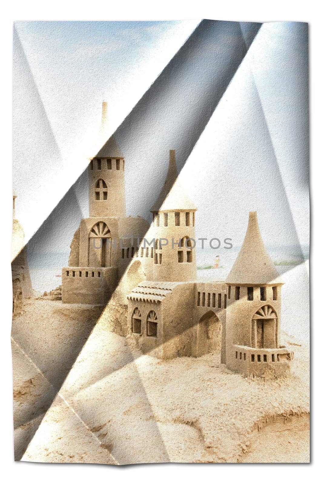 Creative picture of sendcastles on a sunny beach with blue sky. Concept of leisure, holiday, vintage nostalgia memory