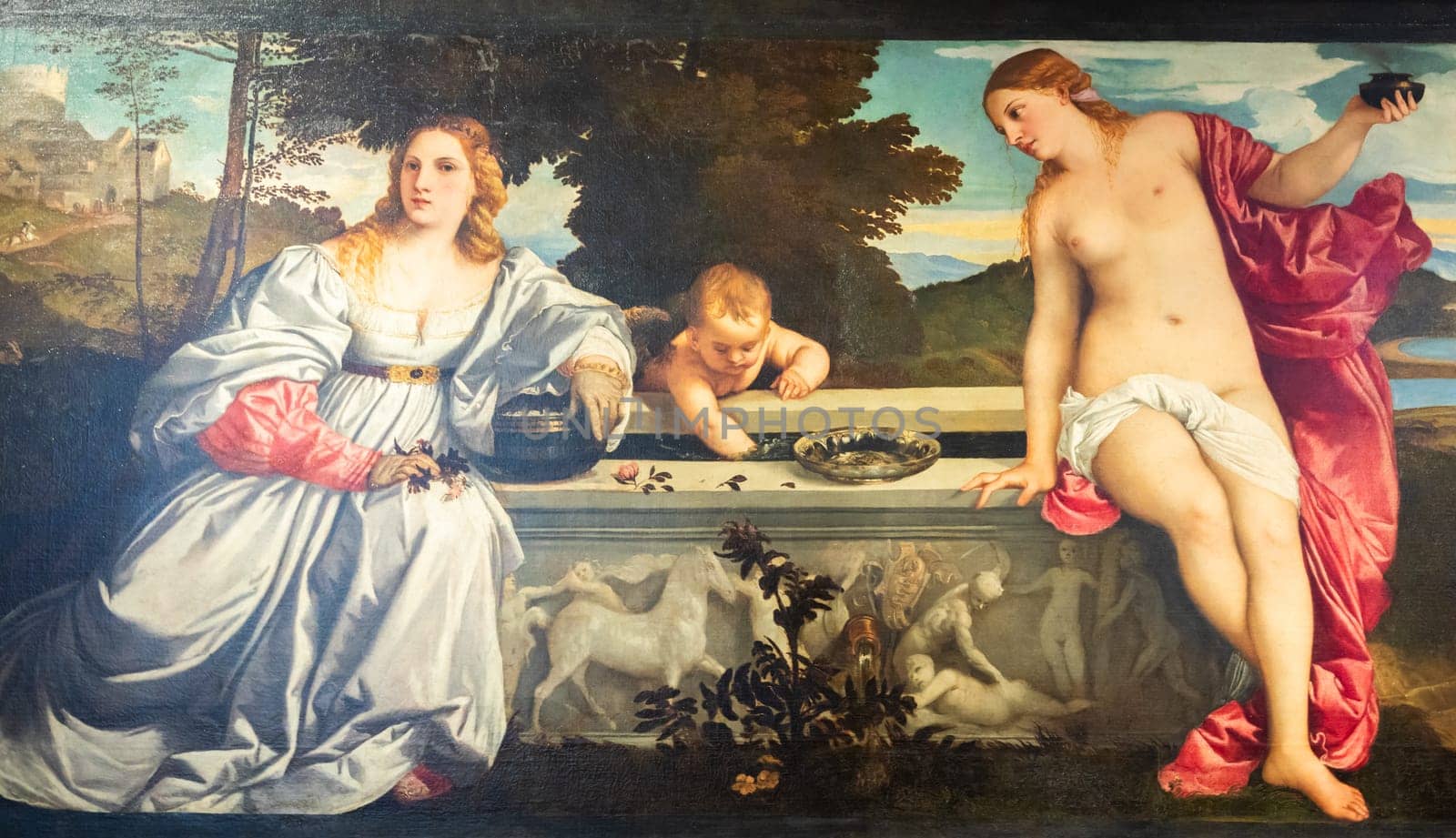 Rome, Italy - 28 December 2023: Borghese Gallery, Sacred and profane love - Amor sacro e amor profano - by Tiziano, 1514 circa