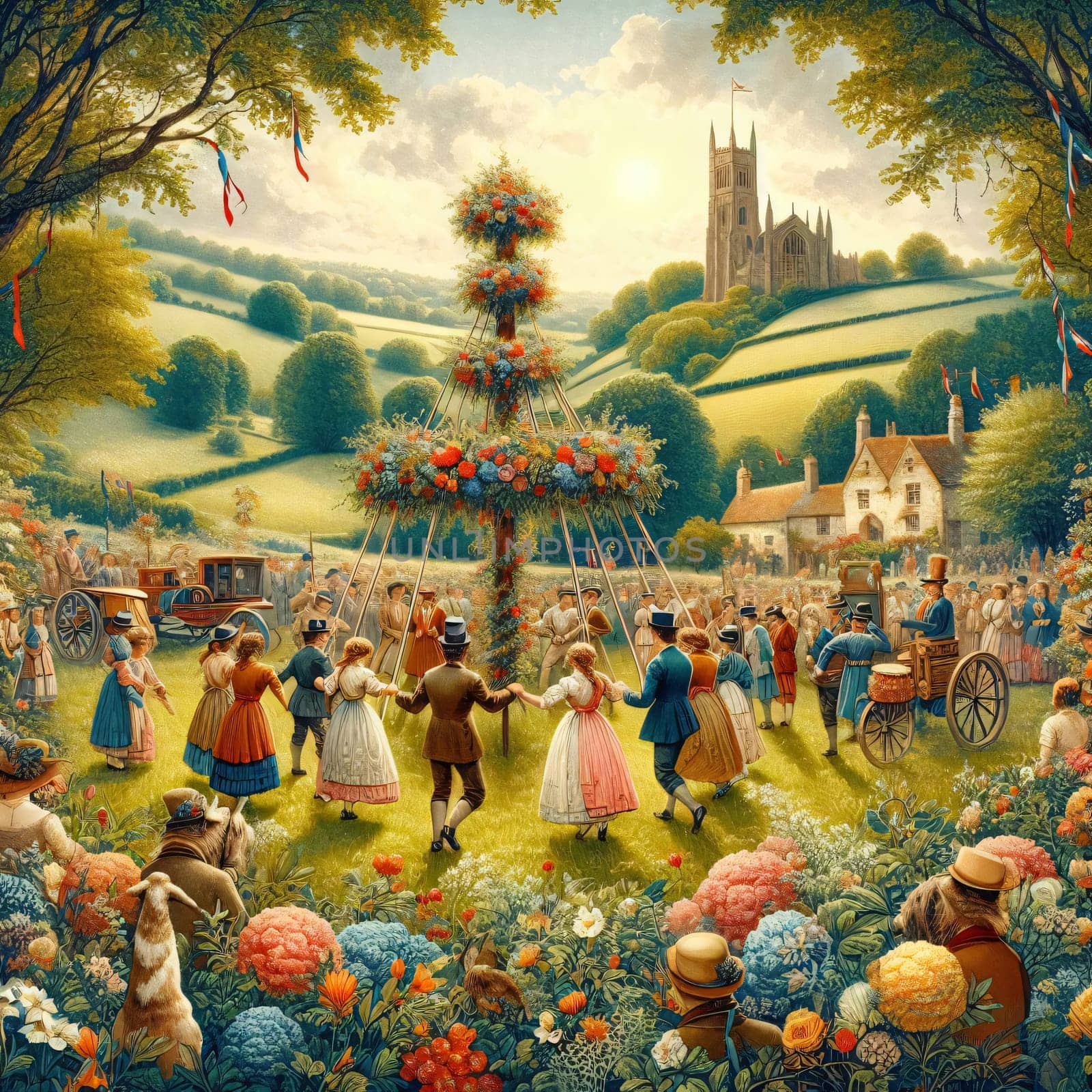 Traditional May Day celebrations around Maypole. English vintage historical theme.