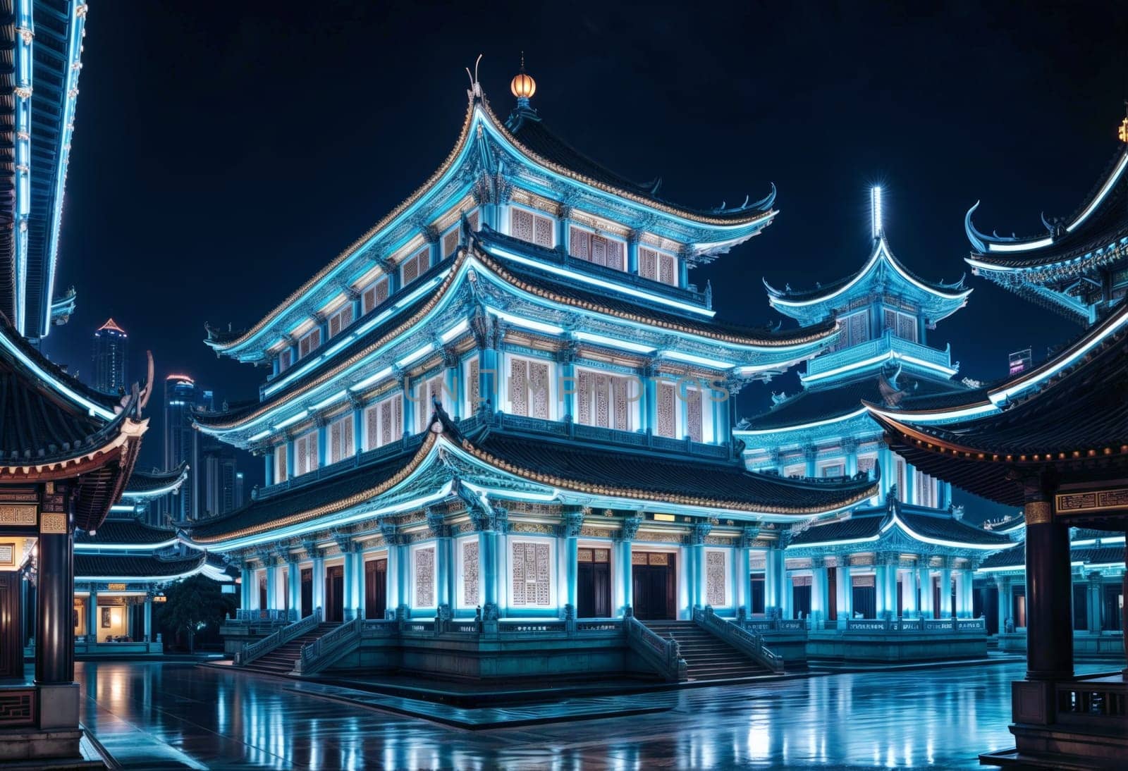 AI generated of a chinese temple lit up at night in singapore