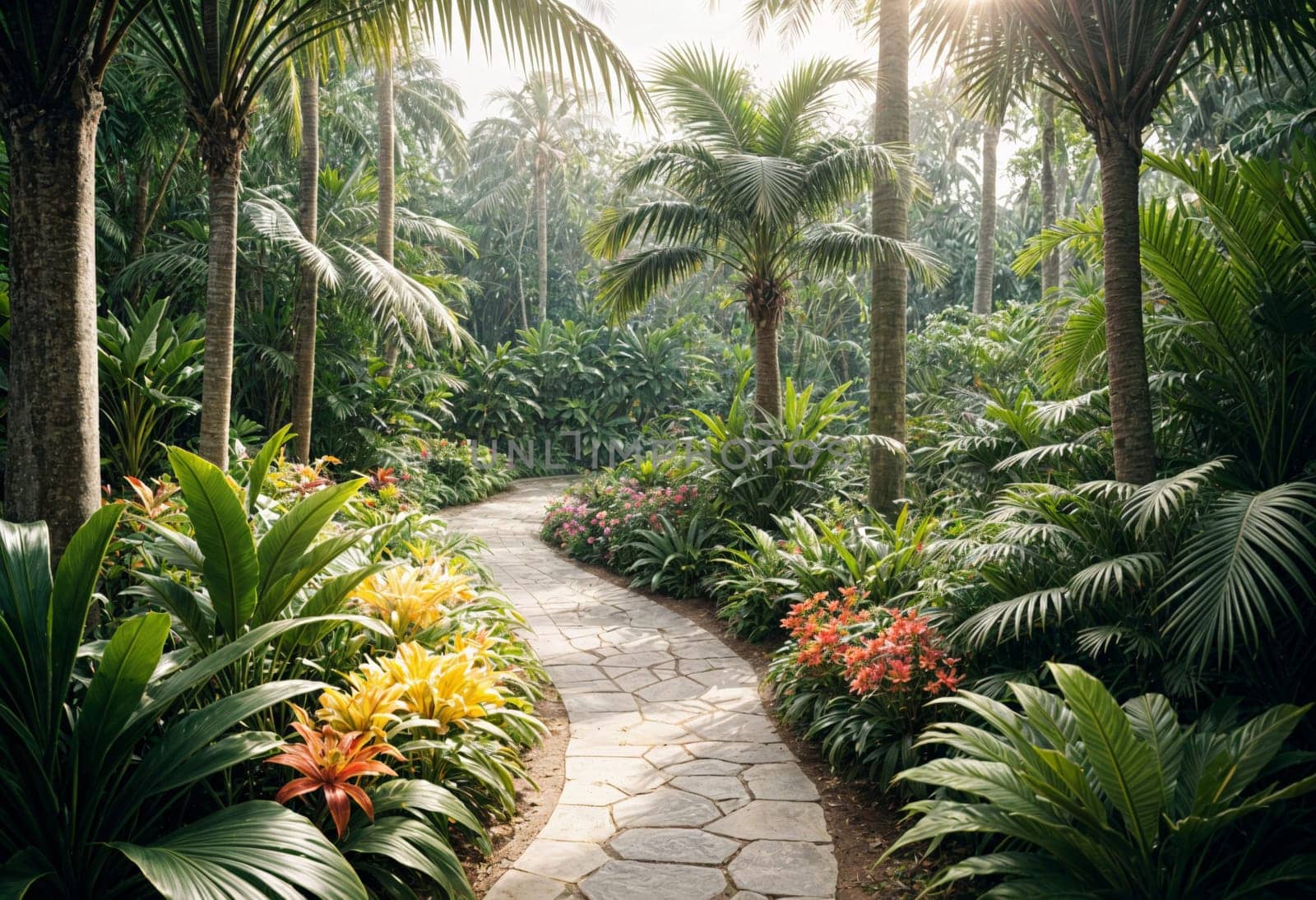 AI generated of a pathway through a tropical garden with palm trees