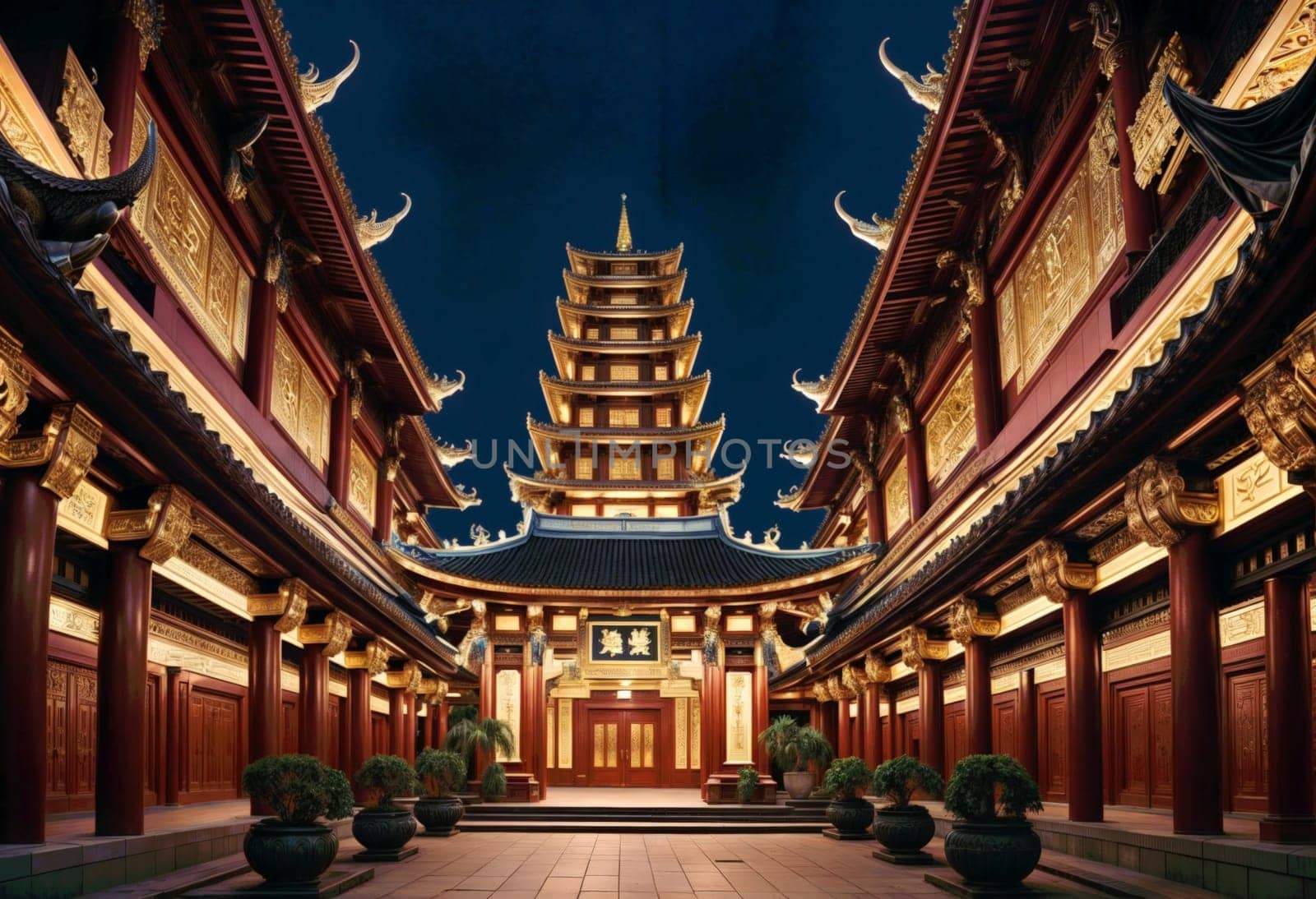AI generated of a chinese building with a pagoda at night