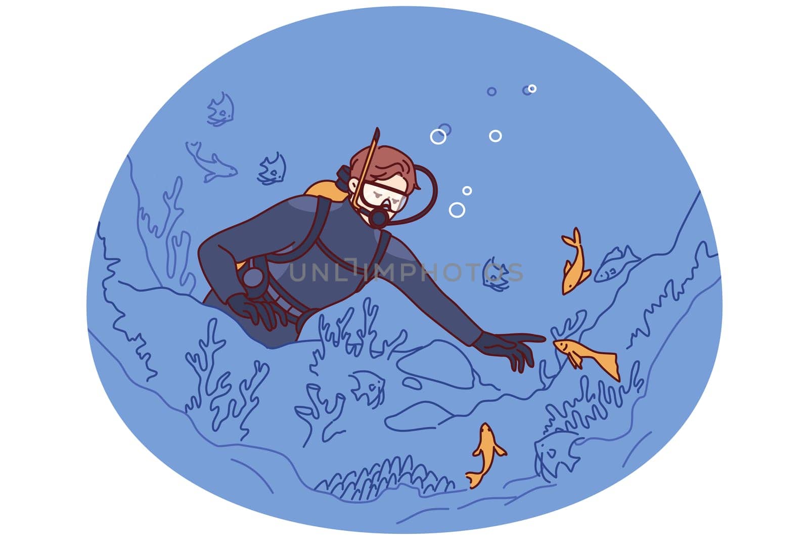 Woman diver explores seabed, getting involved in underwater travel and studying fish living in ocean. Girl scuba diver swims underwater relaxing in tropical climate and enjoying marine hobby
