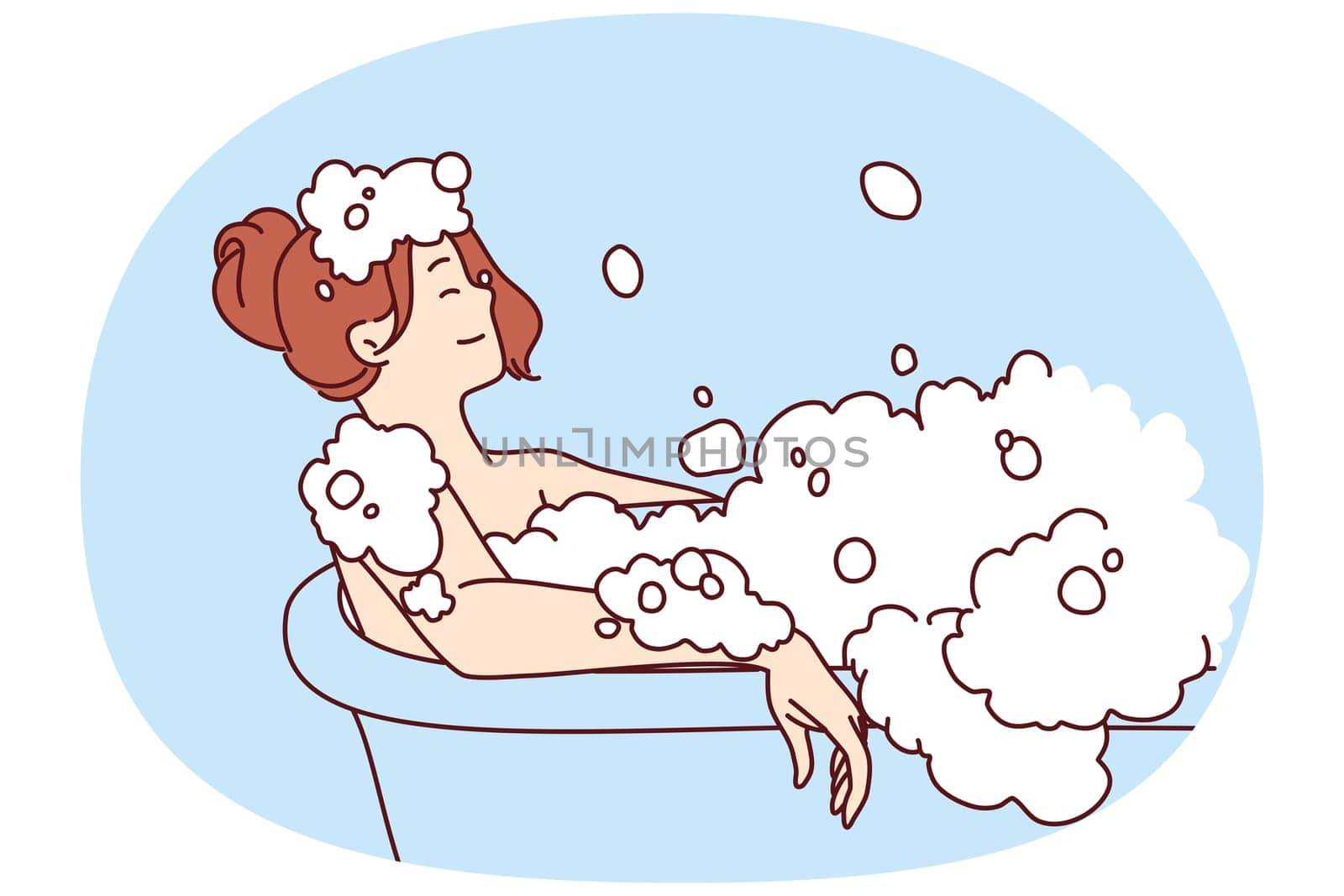 Carefree woman relaxes lying in bath with foam and warm water after hard day at work or long walk. Concept of water spa treatments for relaxation and wellness or for skin and body care