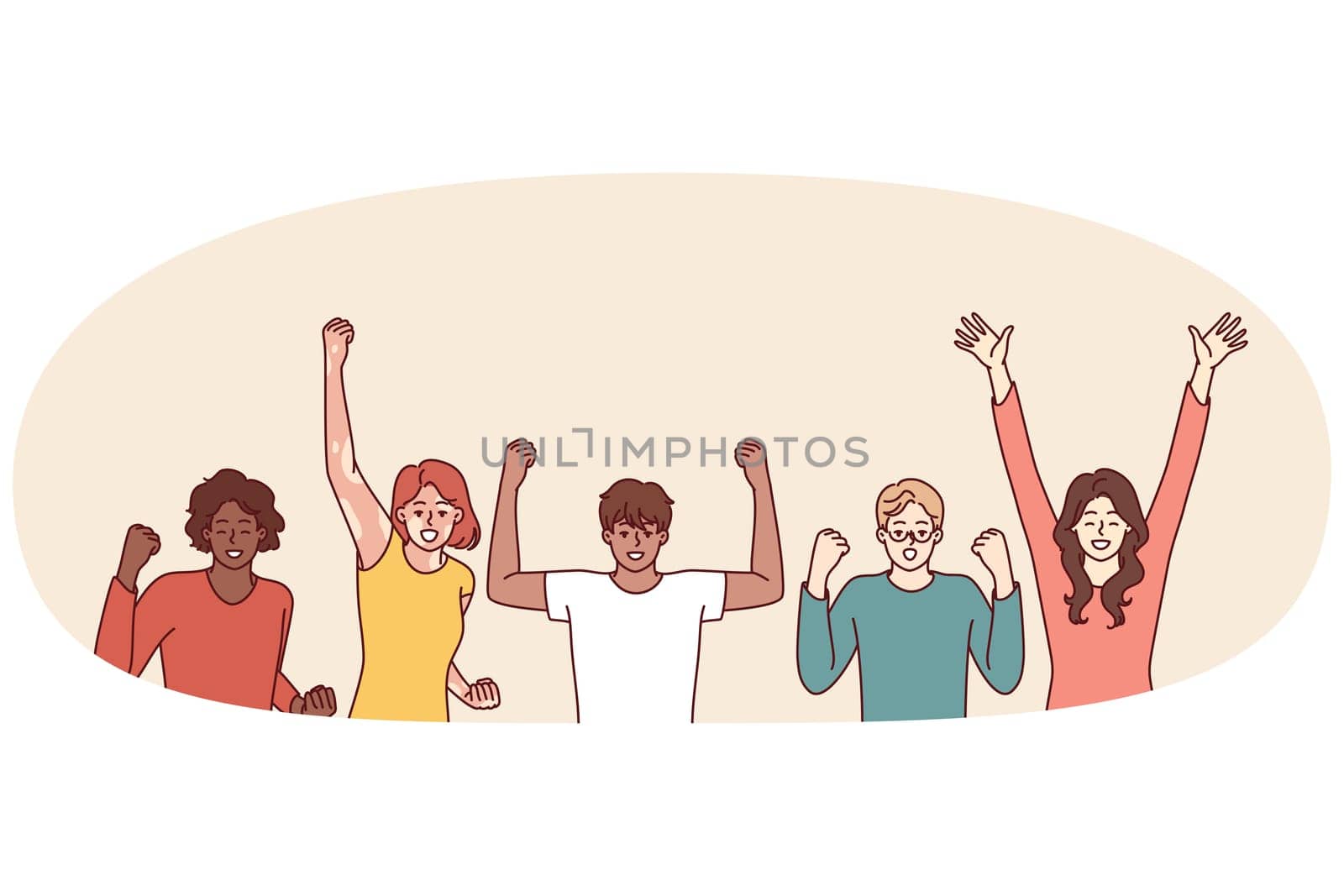Delighted diverse people making victory gestures with hands enjoying joint success. Team of emotional people in casual clothes celebrating common victory or completion of difficult project