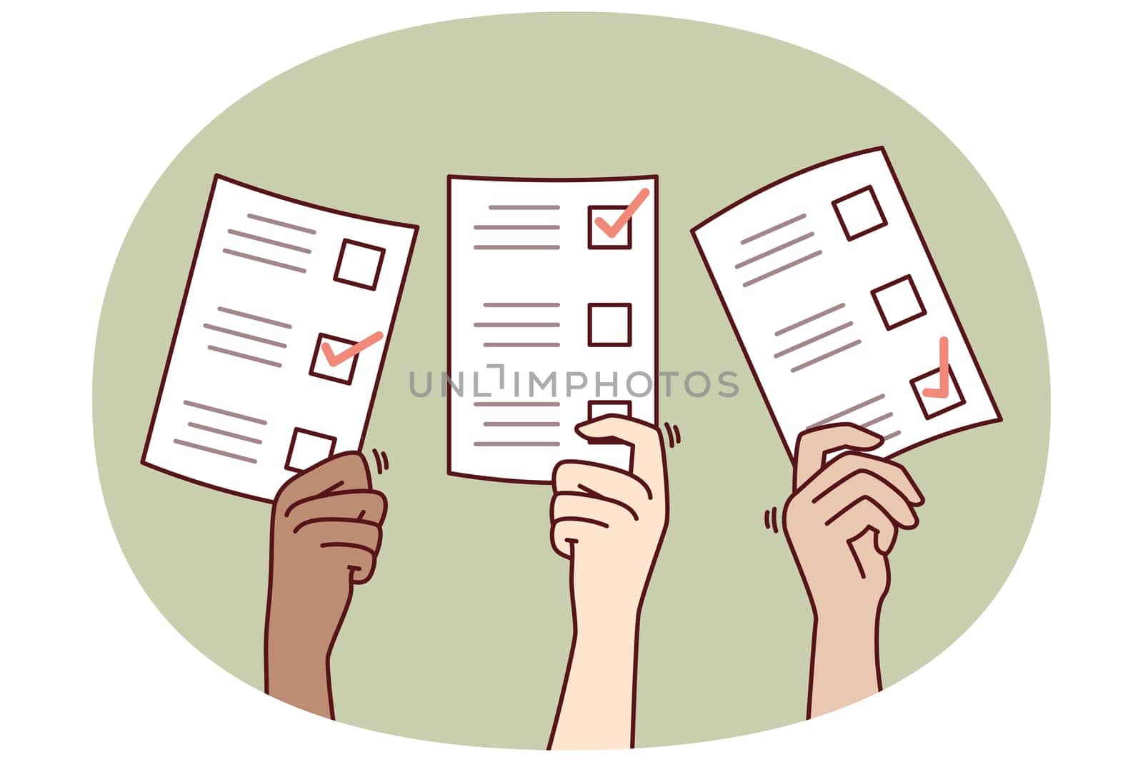 Hands with ballot papers during democratic elections among political parties of parliament or president. Selecting annual vote in referendum for presidential candidate with best election program