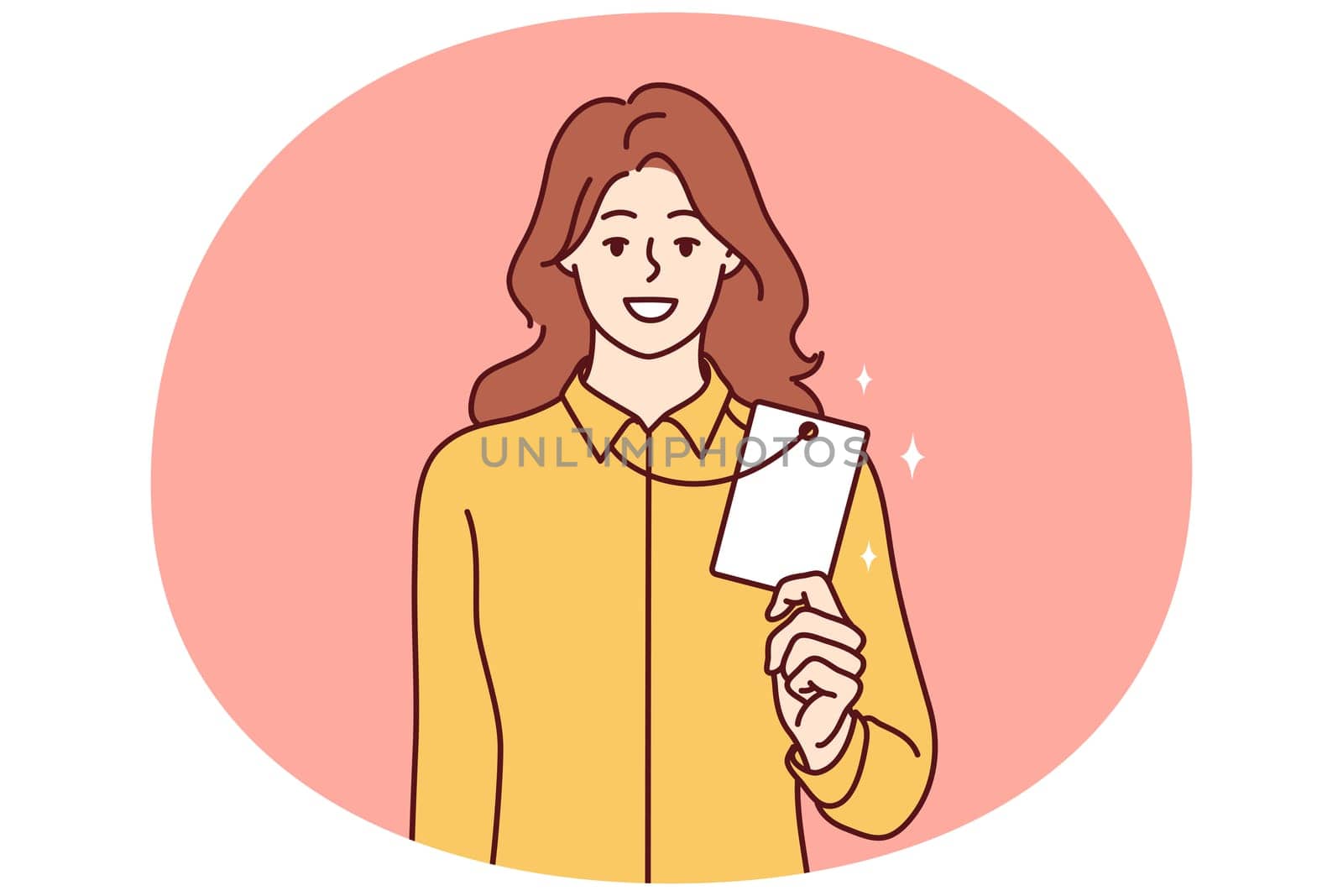 Successful woman demonstrates badge or ID card hanging around neck and giving access to restricted office space. Girl office worker with corporate designed to identify corporation employees