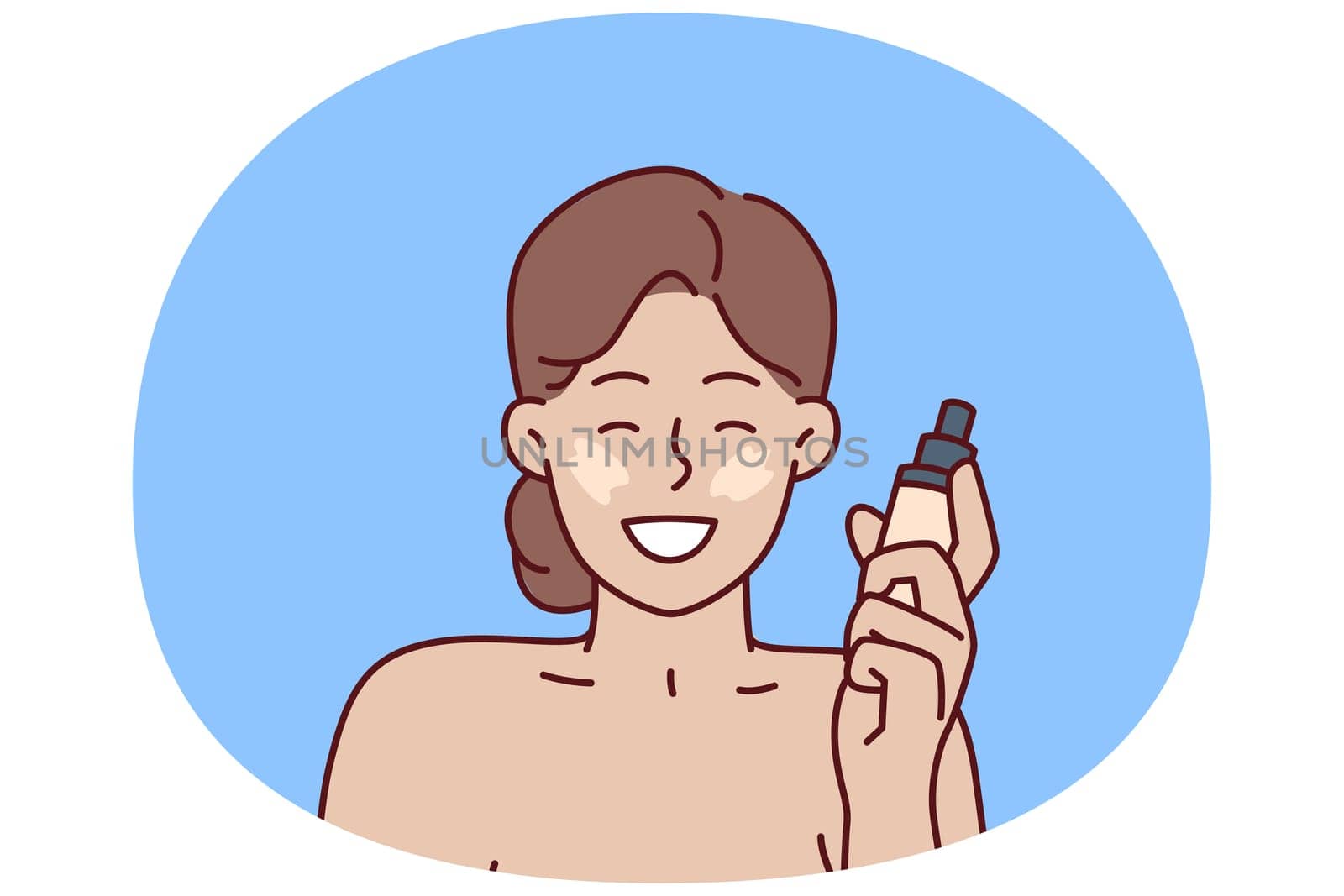Woman with liquid foundation smiles as she puts on makeup to hide skin imperfections. Positive girl demonstrates new foundation recommending use of high-quality cosmetics for skin care