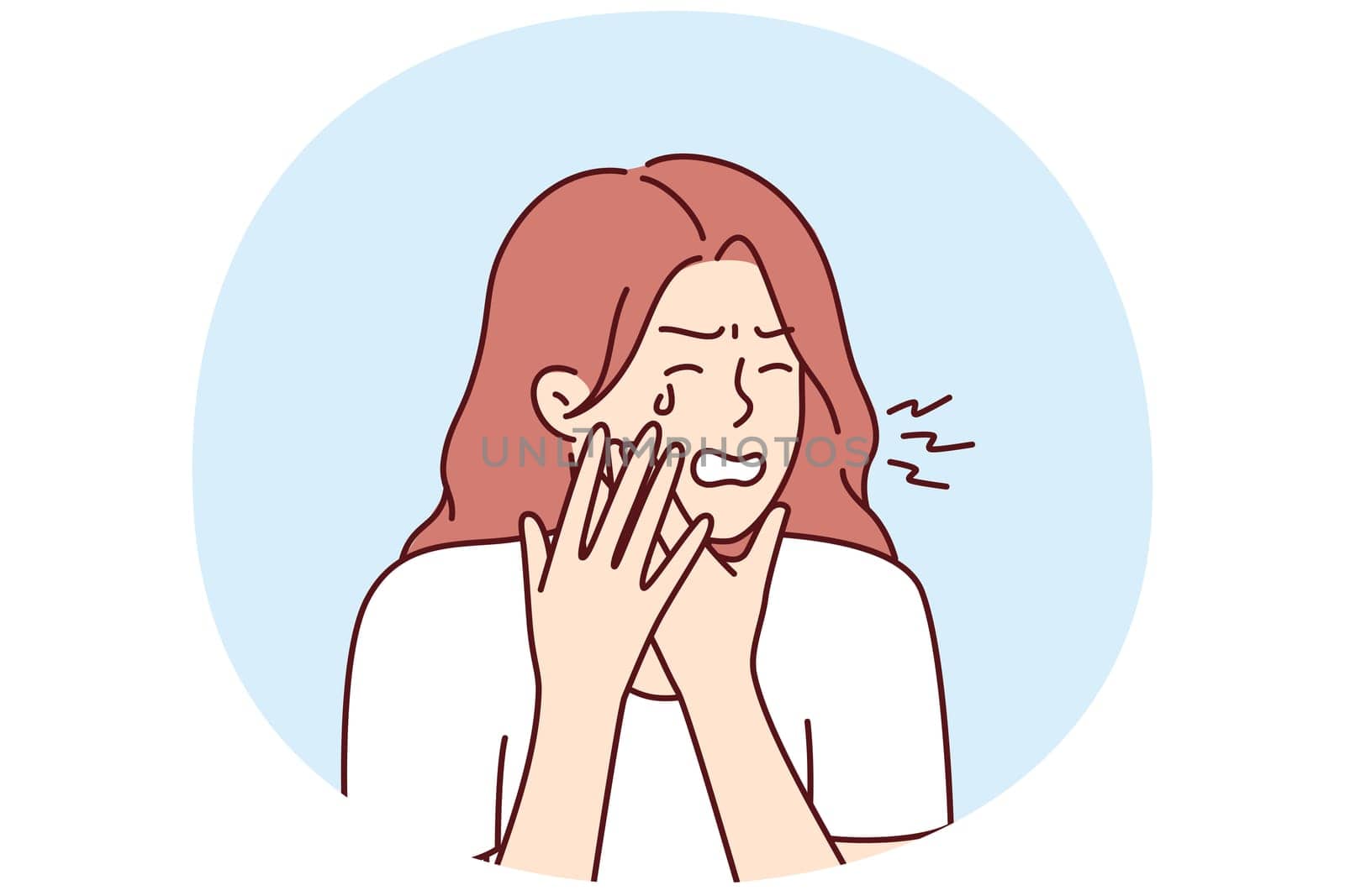 Woman suffering from toothache crying holding cheek needs help from qualified dentist from dental clinic. Girl is experiencing toothache due to inflammation of gums or stomatitis and caries