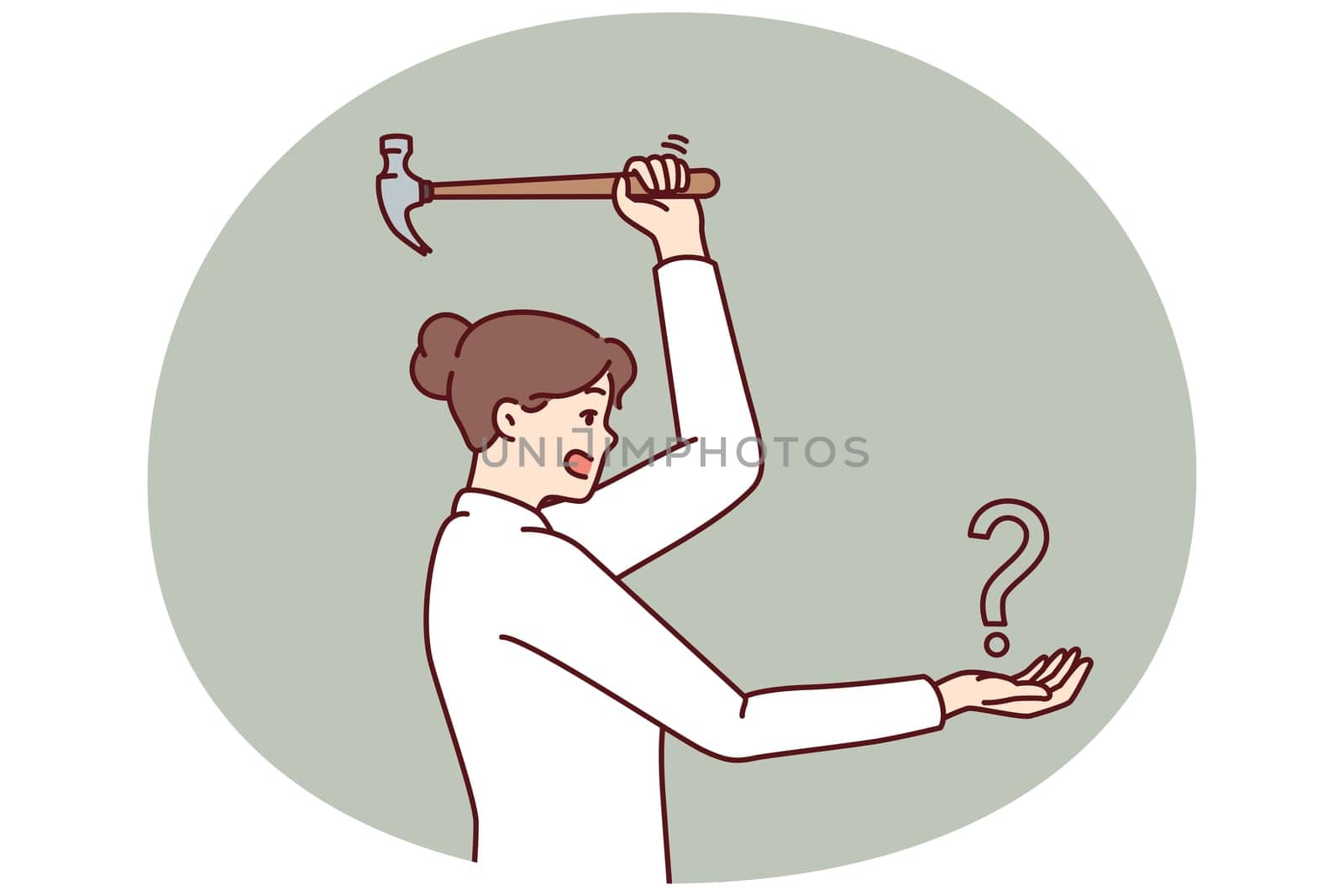 Woman swinging hammer at question mark showing courage in solving problems and fighting ignorance. Challenge for businesswoman in resolving issue requiring leadership qualities and determination