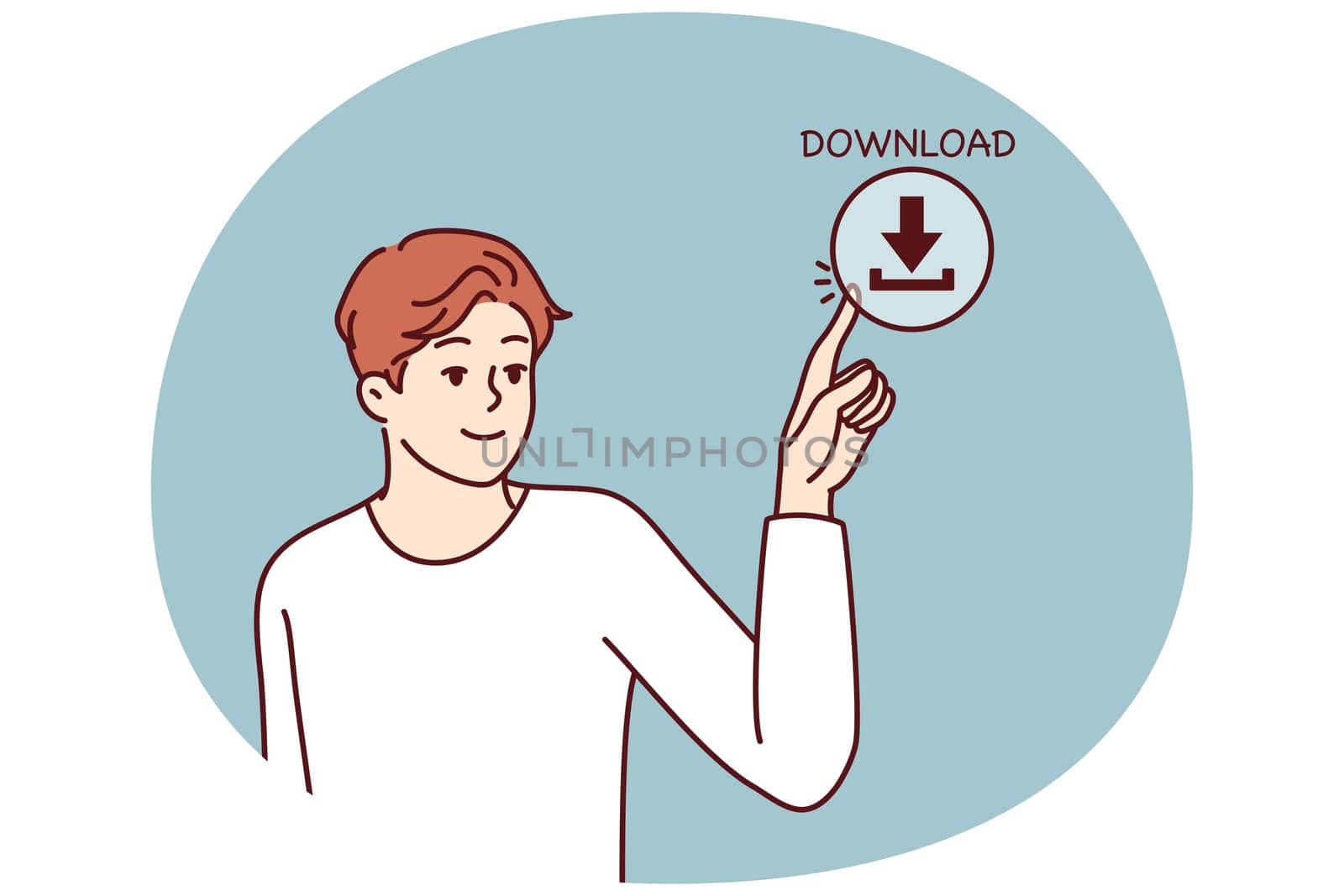 Young man presses download button on screen for concept of web content consumption and network use. Guy downloads information from Internet using cloud storage or torrent clients with media files
