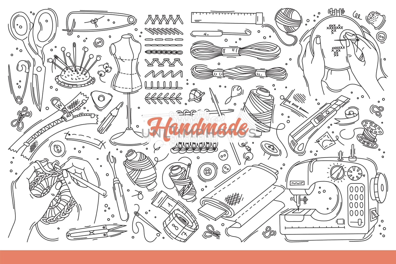 Handmade items and equipment for embroidery or knitting and making craft clothes. Threads with needles or scissors and sewing machine for people who have handmade hobby. Hand drawn doodle