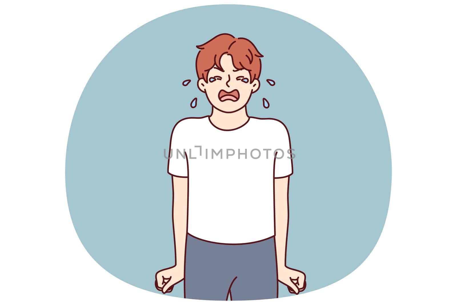 Crying teenage boy stands clenching fists nervous after receiving reprimand from parents associated with poor grades at school. Teenage child crying due to psychological disorder or lack of toys