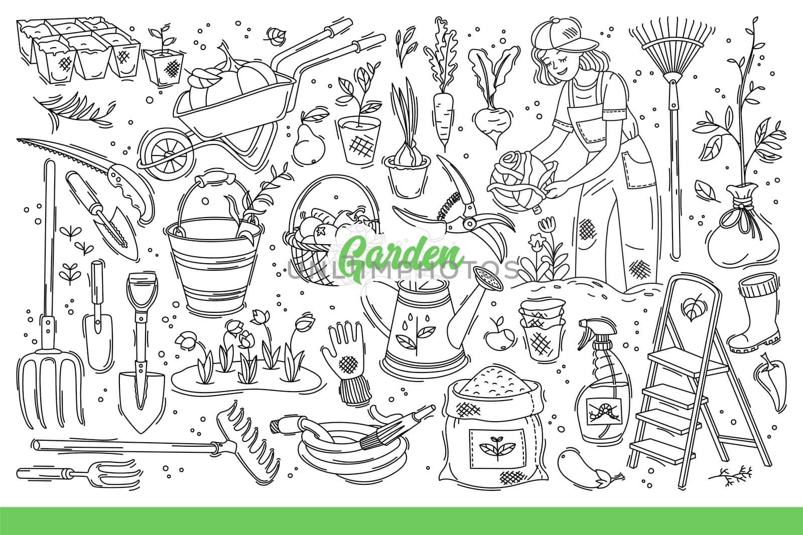 Garden equipment and seeds for planting plants and flowers in your backyard. Tools for farmer who owns vegetable garden and brings in autumn harvest of organic fruits. Hand drawn doodle