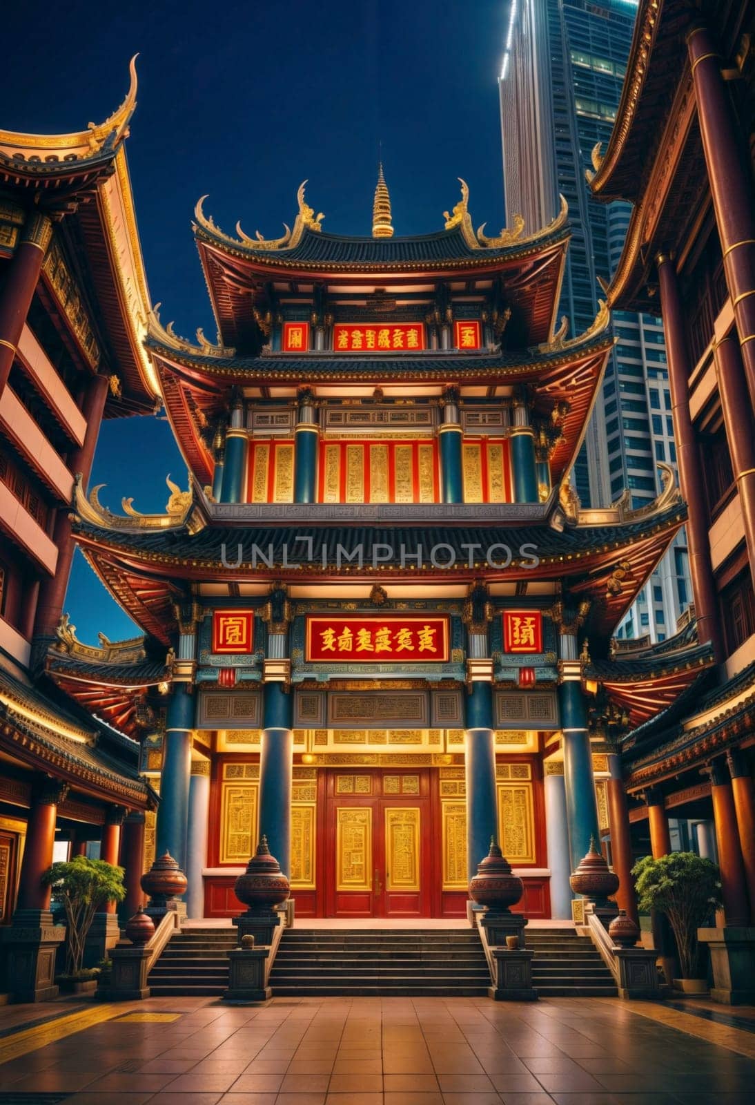 AI generated of a chinese temple at night with a large building