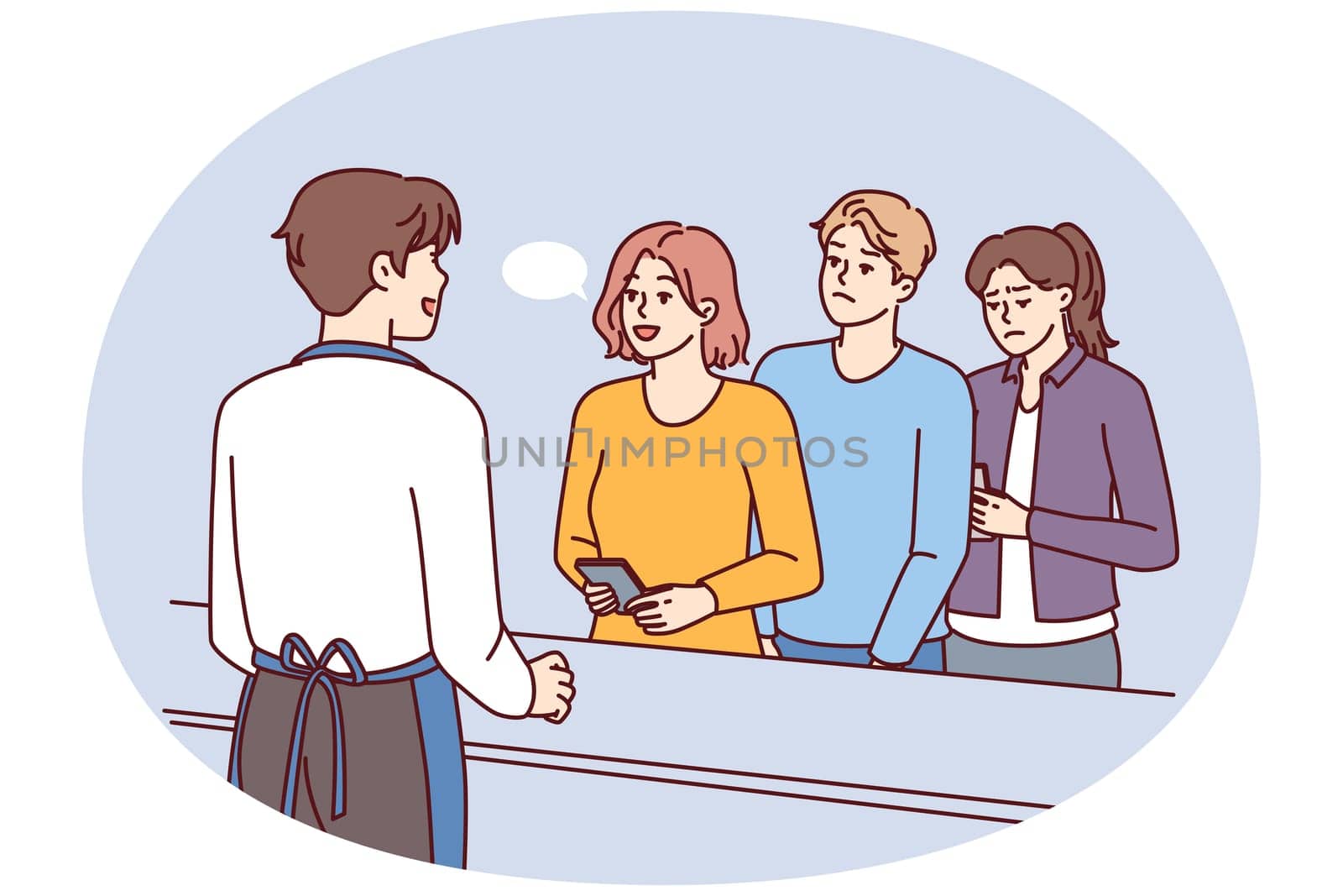 Leisurely woman talking to cashier ignoring queue of customers in cafe or grocery store forced to waste time. Man waiter cashier serving customers nervous due to long waiting in line