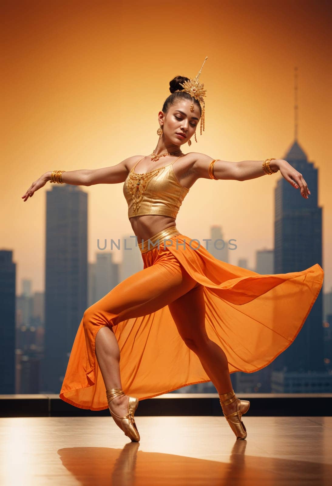 AI generated of a woman in an orange dress dancing in front of a city skyline