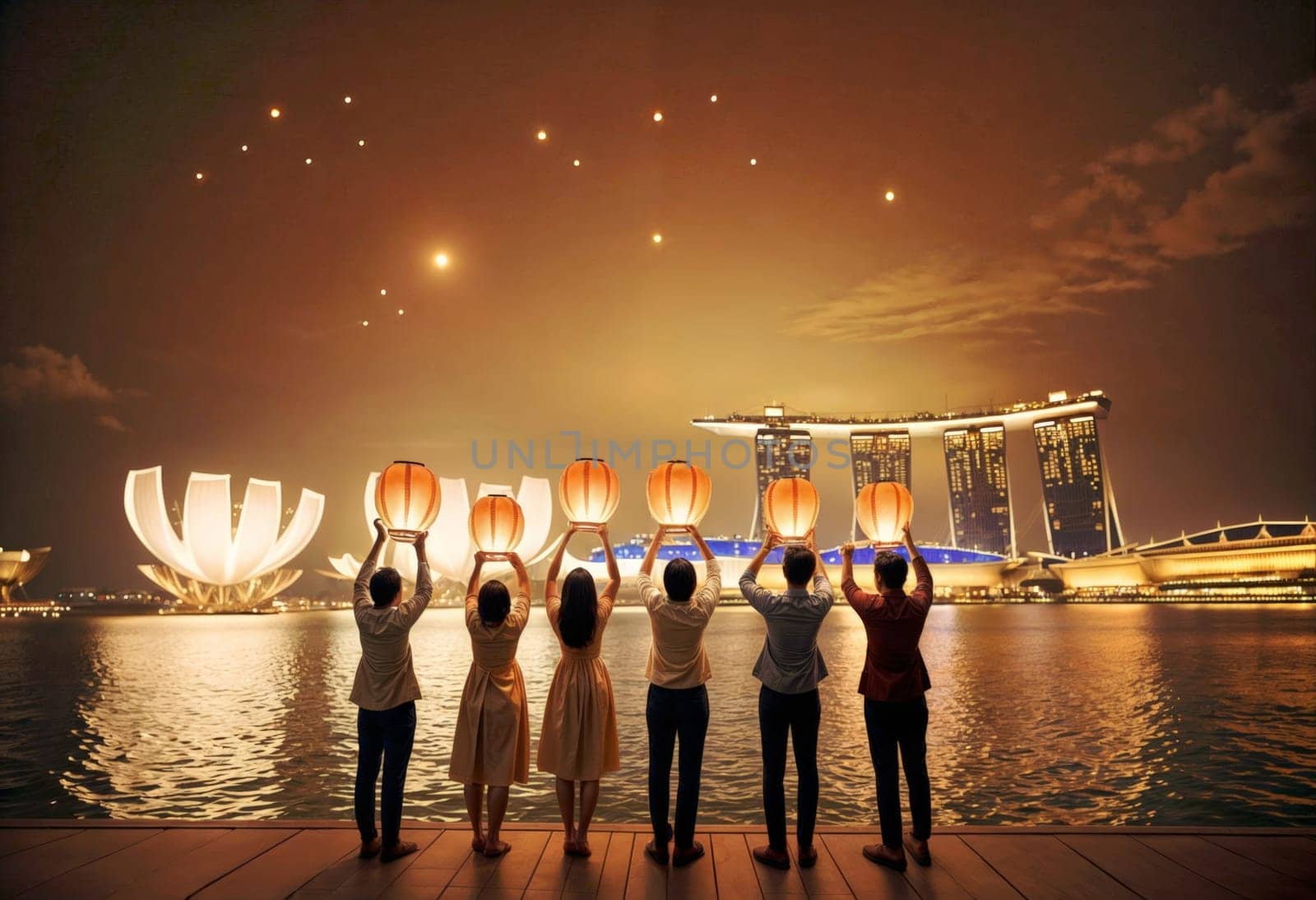 AI generated of six people holding up paper lanterns in front of a city skyline