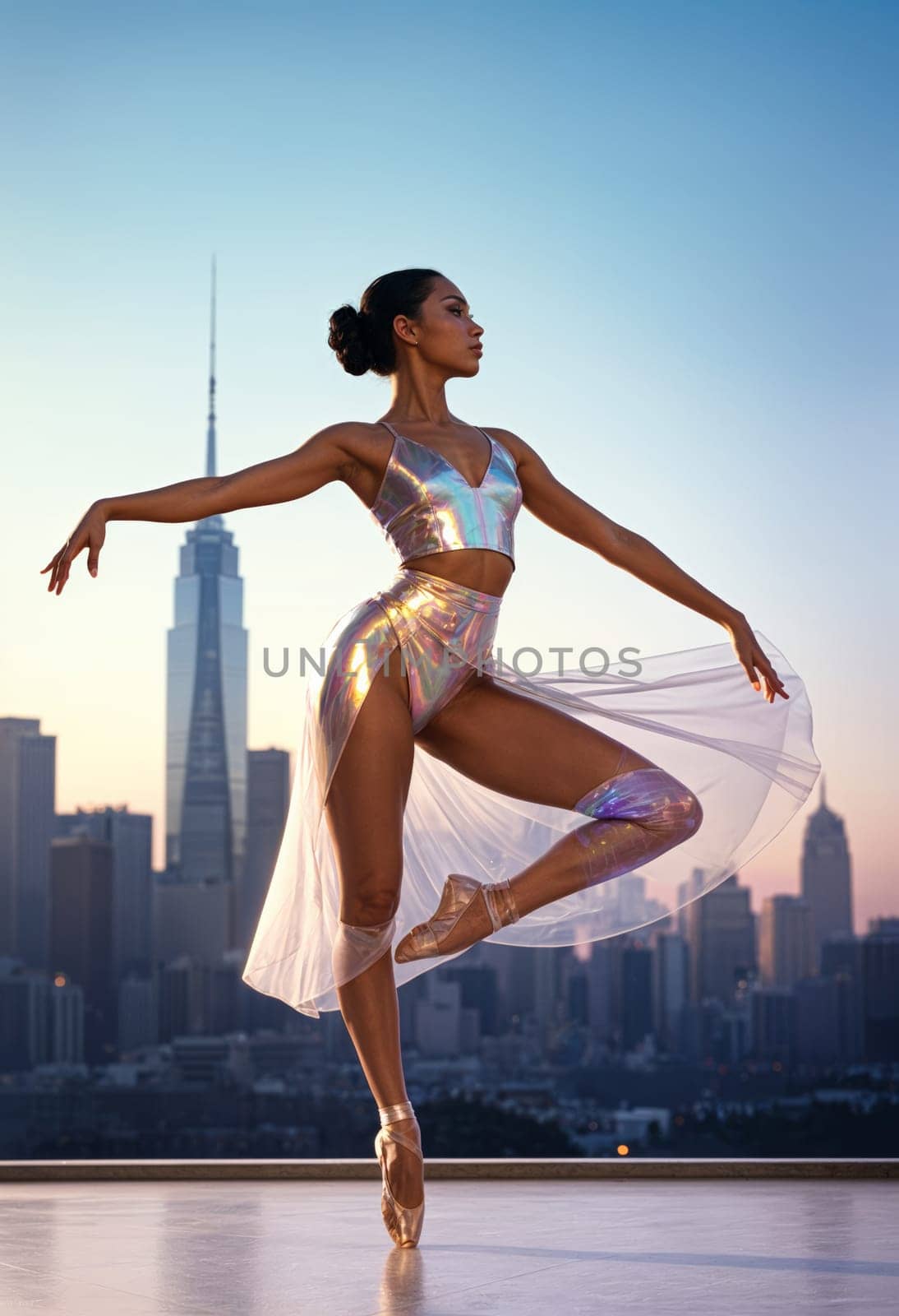AI generated of a woman in a ballet outfit is posing in front of a cityscape