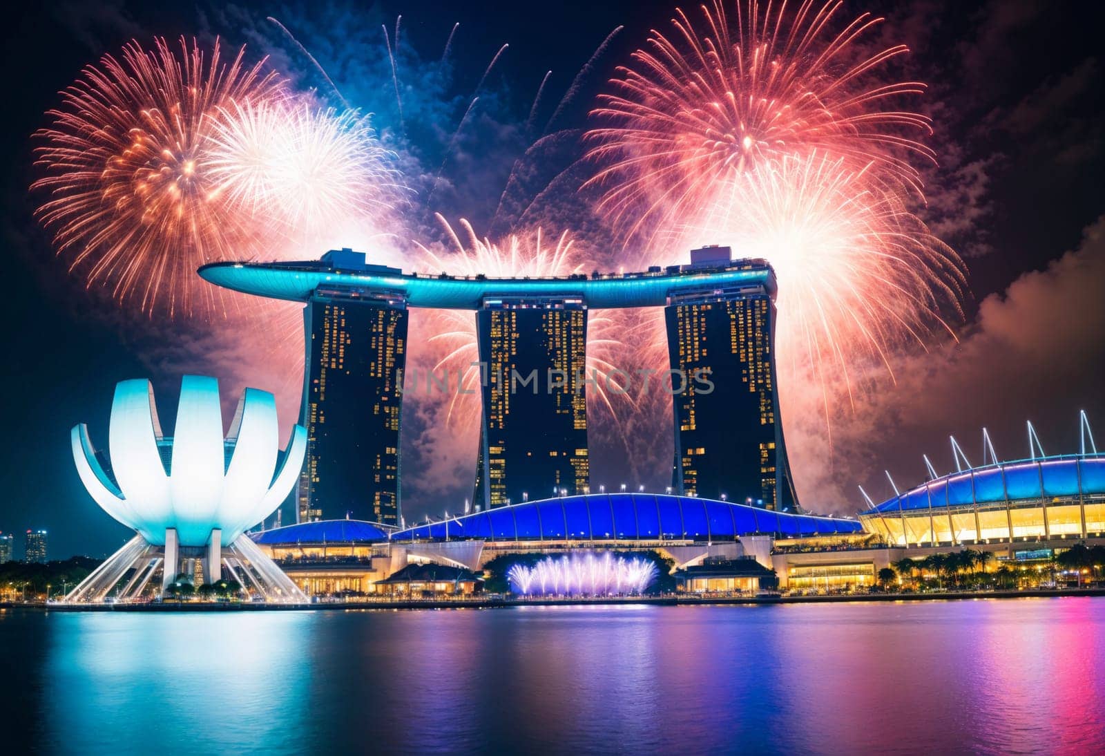 AI generated of fireworks light up the sky over the marina bay