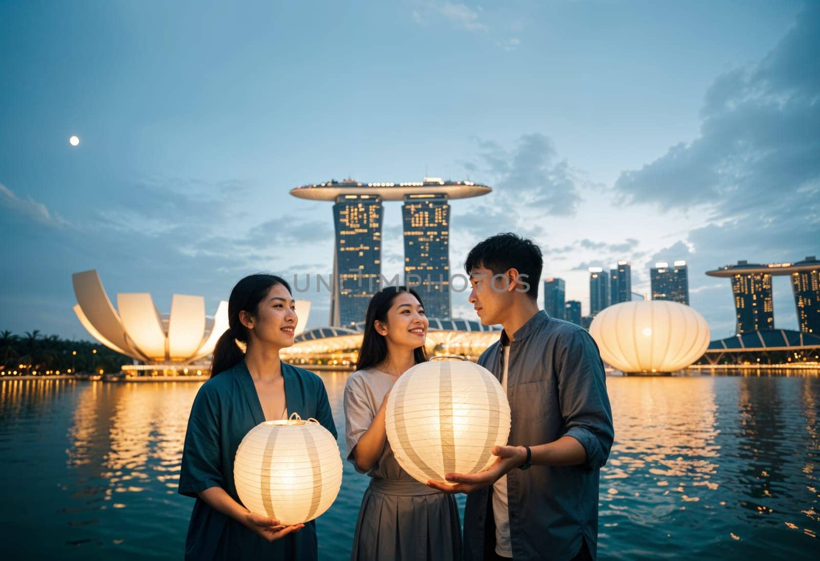 AI generated of asian friends holding paper lanterns in front of marina bay sands
